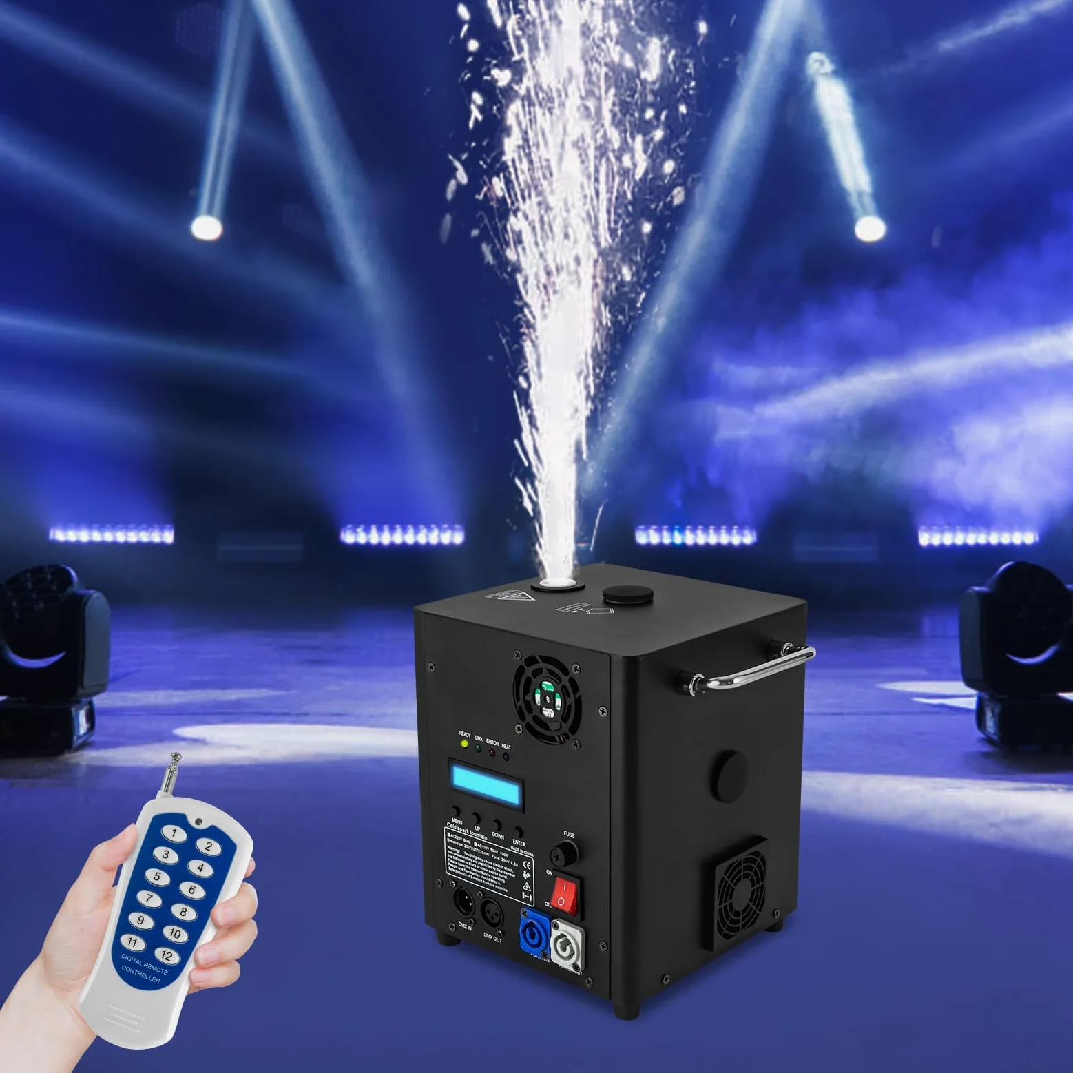 Macchina per scintille, 700 W, portatile, per palcoscenico, effetto speciale, altezza di iniezione regolabile, quattro spie di controllo, telecomando o DMX
