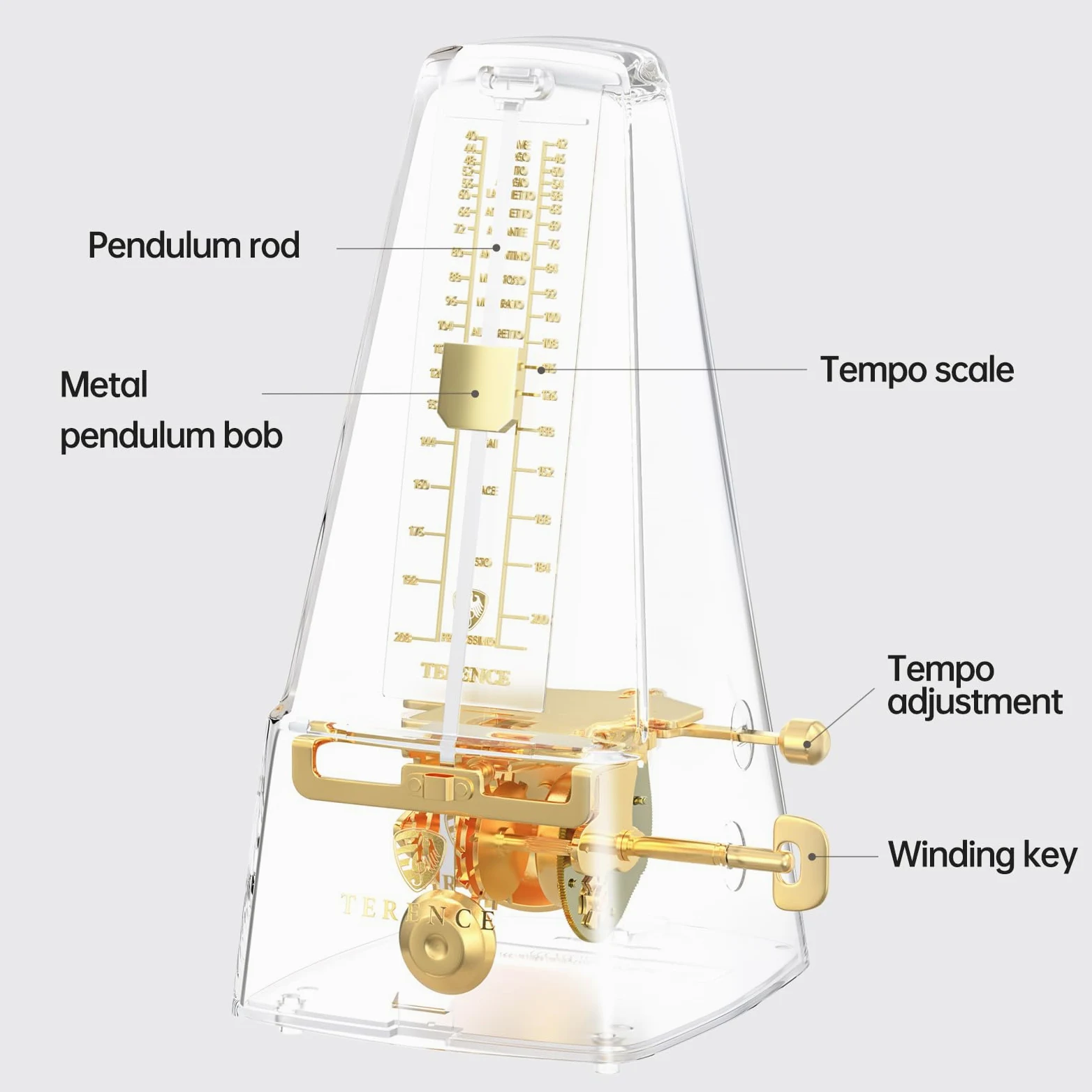TERENCE Metronomo Meccanico Trasparente Seiko Metronomo Meccanico per Pianoforte, Chitarra, Guzheng, Violino, Batteria, Pipa Macchina ritmica universale per musica