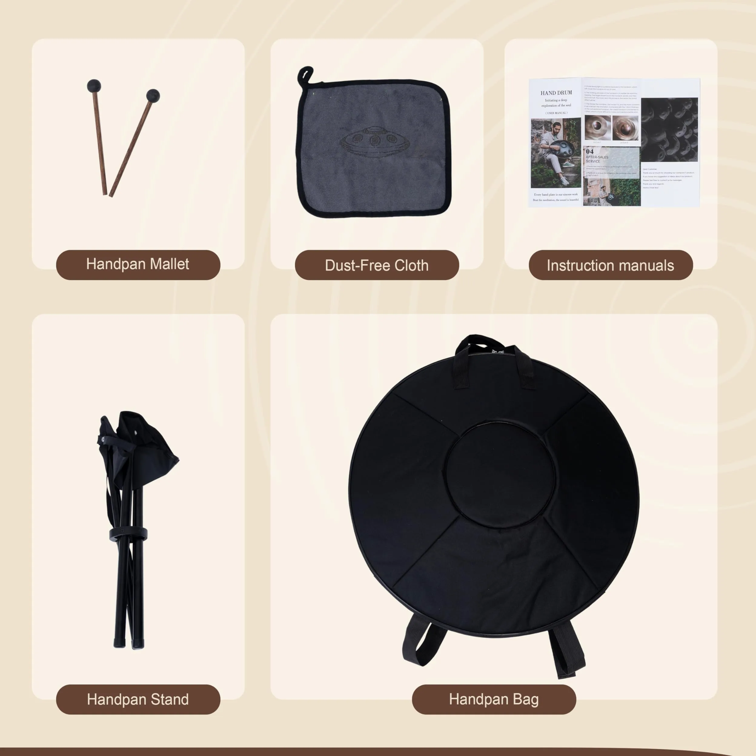 Handpan - Tamburo 55,9 cm, 9 note D Kurd 440 Hz, custodia morbida, bacchette, supporto, adesivi note, panno pulizia, video performance artista