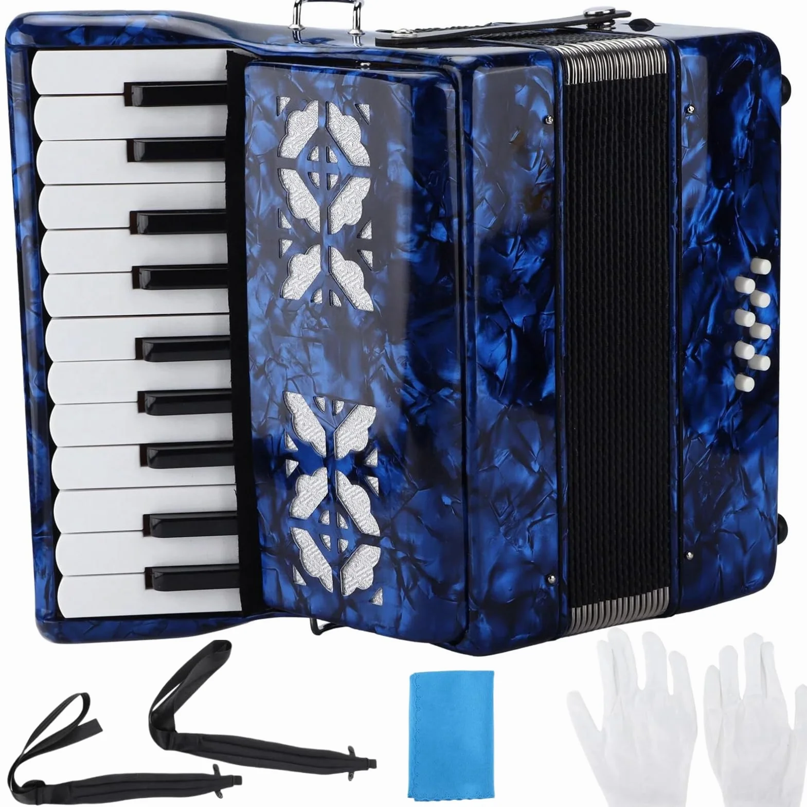 Fisarmonica Professionale 22 Tasti 8 Bassi, Musicale Portatile(blu) | Con Tastiera in Legno e Tracolla Regolabile, Inclusi Guanti e Panno per Pulire per Principianti e Musicisti Adulti