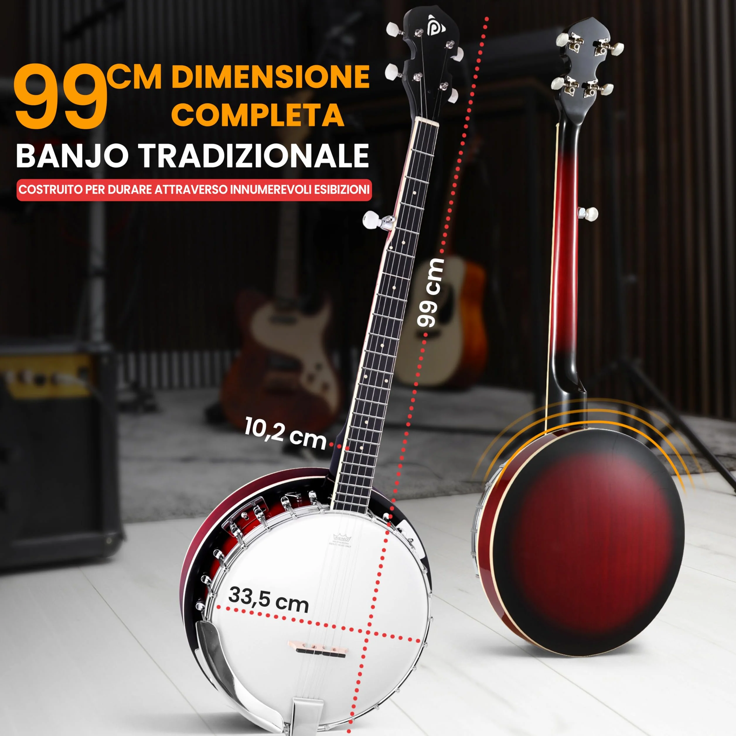 Pyle Kit Iniziale Banjo a 5 Corde con Risonatore, Staffa 24, Tamburo Remo, Retro in Legno Duro, Accordatore, Plettri, Tracolla e Borsa