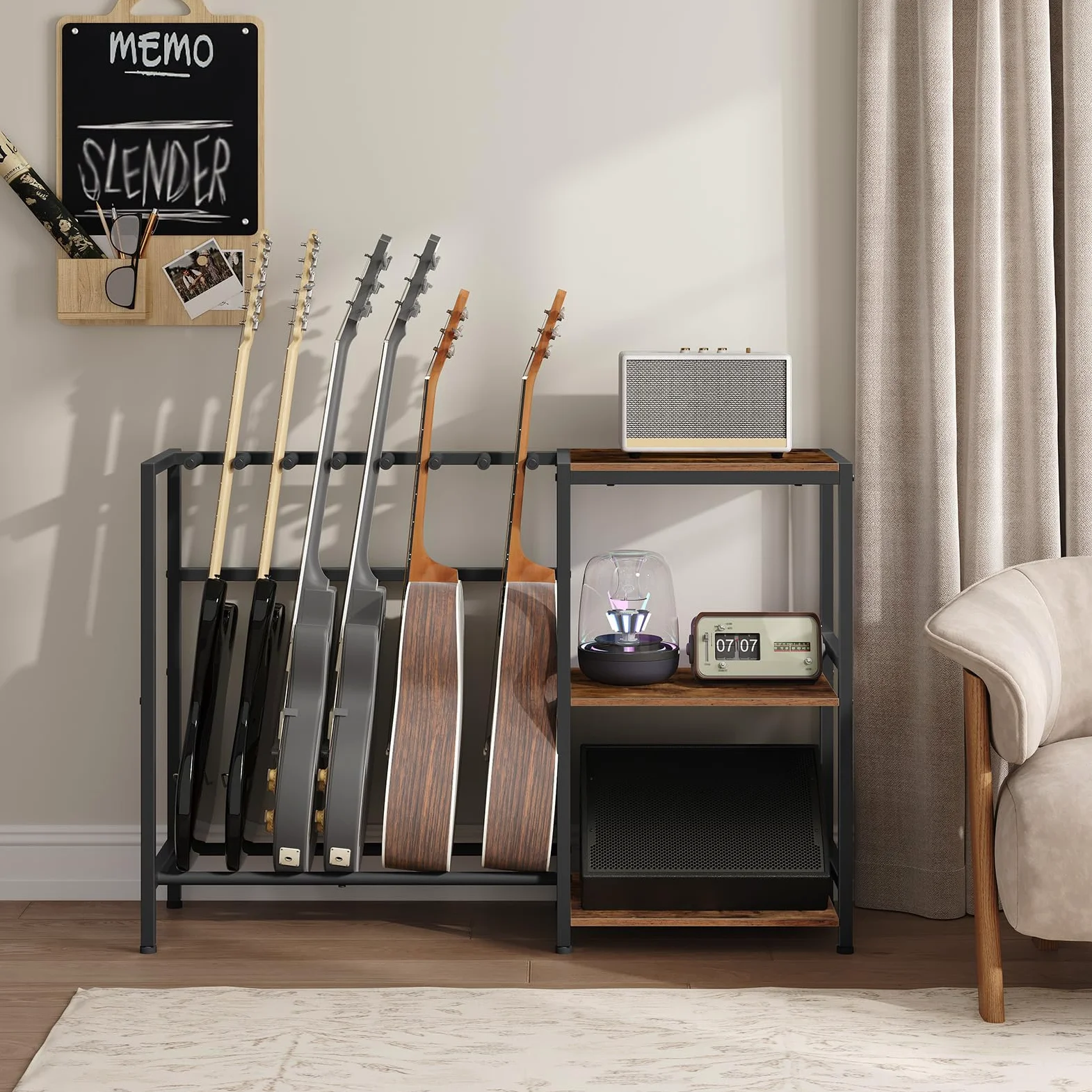 MAHANCRIS Supporto per chitarra, Supporto per 5-6 strumenti a corda, Adatto per chitarra acustica, basso, Scaffale per chitarra con ripiani per giradischi, con pastiglie in gomma antiscivolo, marrone