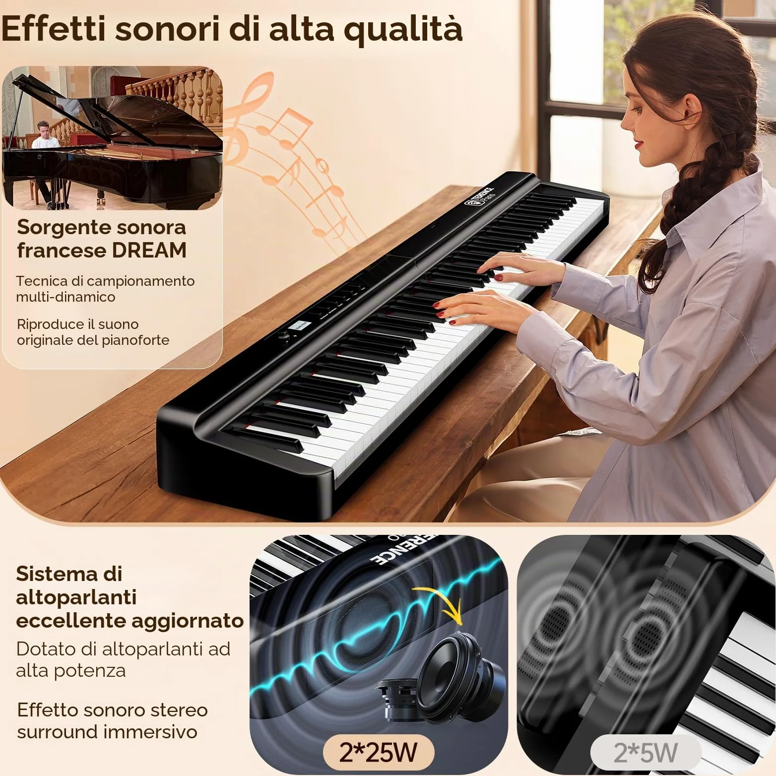 TERENCE Pieghevole Pianoforte Digitale 88 Tasti pesati con batteria da 2000 mAh Altoparlanti 2x25W Bluetooth e interfaccia MIDI supporto per spartiti Borsa adesiva Cavo audio con Pedale di sostegno