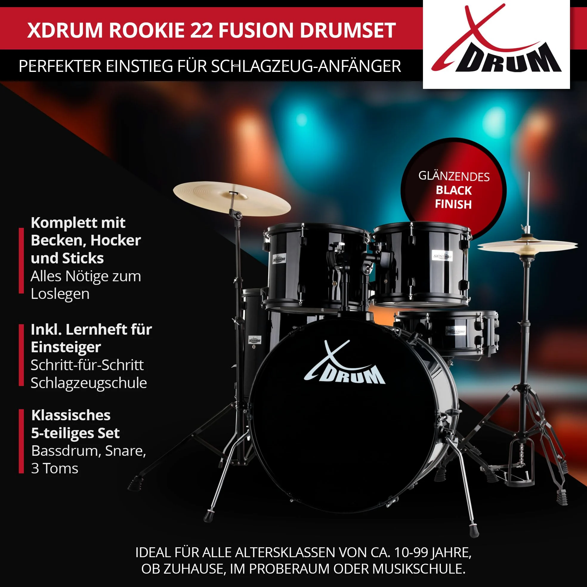 XDrum Rookie 22" Fusion Batteria Completa Black - Ideale per Principianti - Hardware Elegante in nero - Incl. Bacchette, Istruzioni di Montaggio e Scuola di Batteria - Nero