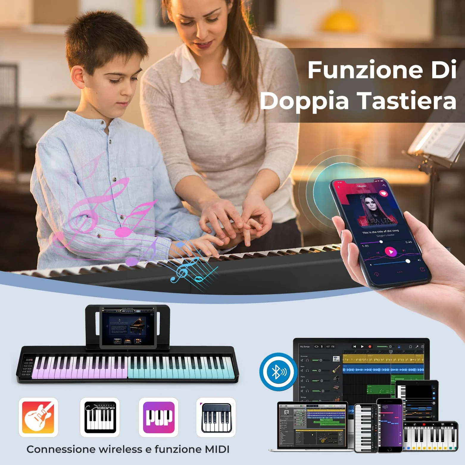 RELAX4LIFE Tastiera Pianoforte Digitale 61 Tasti, Pieghevole Portatile con Custodia, Bluetooth MIDI/Audio, Tasti Sensibili, Batteria 1750mAh, per Principianti Bambini Adulti