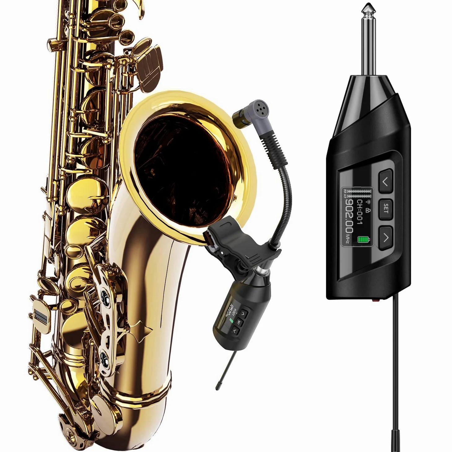 SGPRO microfoni wireless per sassofono, microfono a clip per sax e tromba, equalizzatore preimpostato e livello di eco, trasmissione da 5 m, ricaricabile, trasmettitore e ricevitore