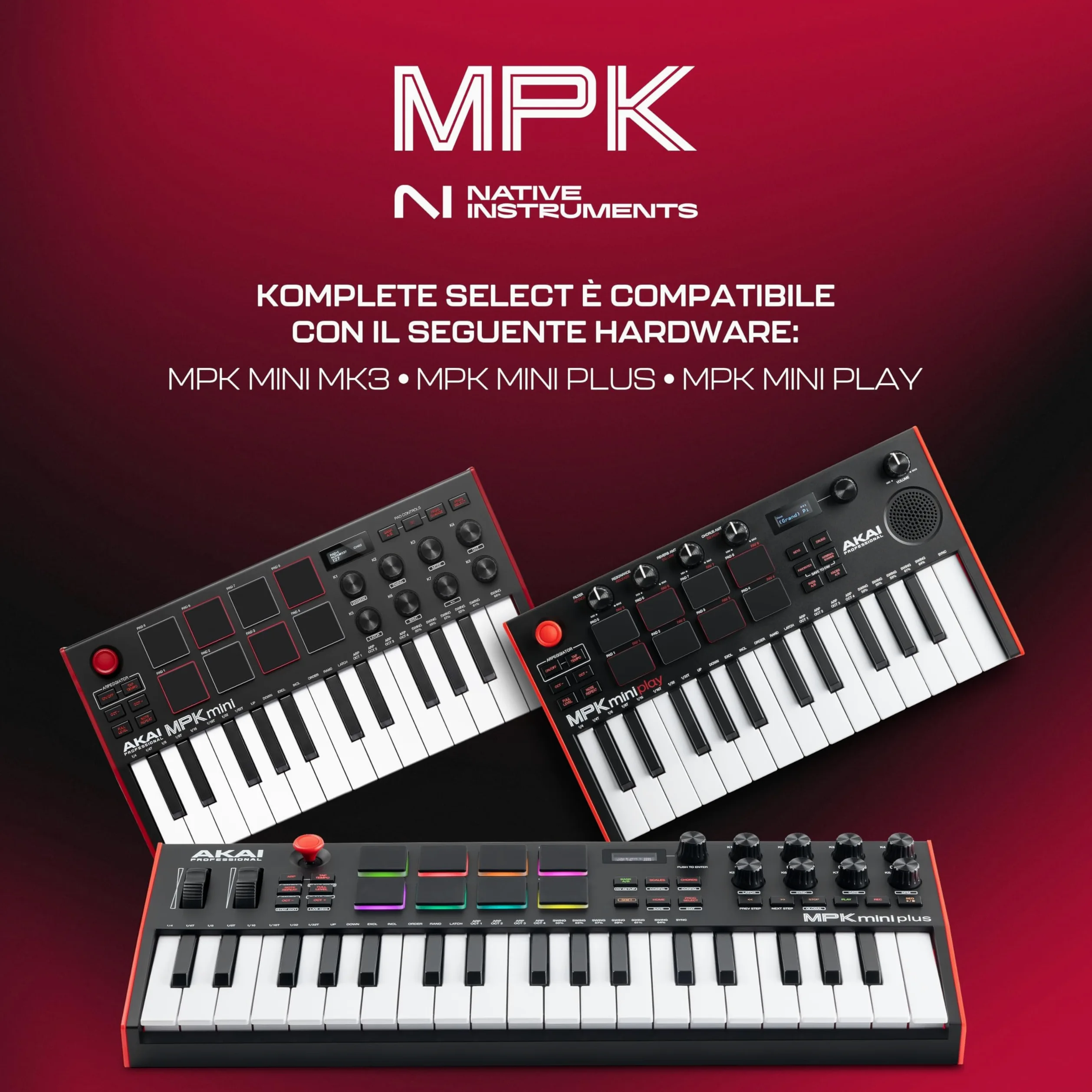 Akai Professional MPK Mini Play MK3 - Tastiera MIDI Controller USB con Casse e Suoni Interni, Tastiera Dinamica, Pad MPC, Suite Software e Native Instruments Sound Package