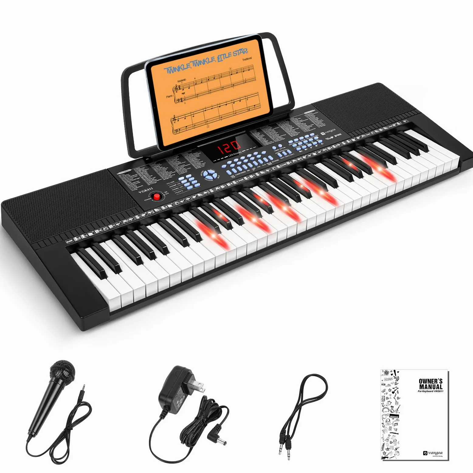 Vangoa Tastiera 61 Tasti, Tastiera Elettronica Luminosa, Tastiera Elettronica Musicale Per Principianti, 3 Modalità Di Insegnamento, 350 Toni, 350 Ritmi, 30 Brani Dimostrativi, Nero