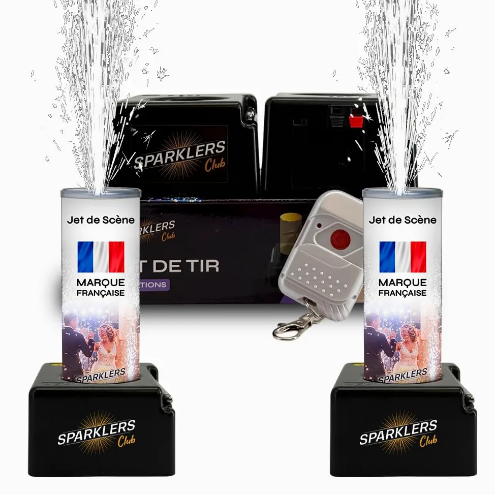 SPARKLERS CLUB Set di 2 trigger + getti di scena color argento, batteria e telecomando inclusi, getto di scena per interni a scintille per matrimonio, categoria F1 (1 metro 30 sec, 2)