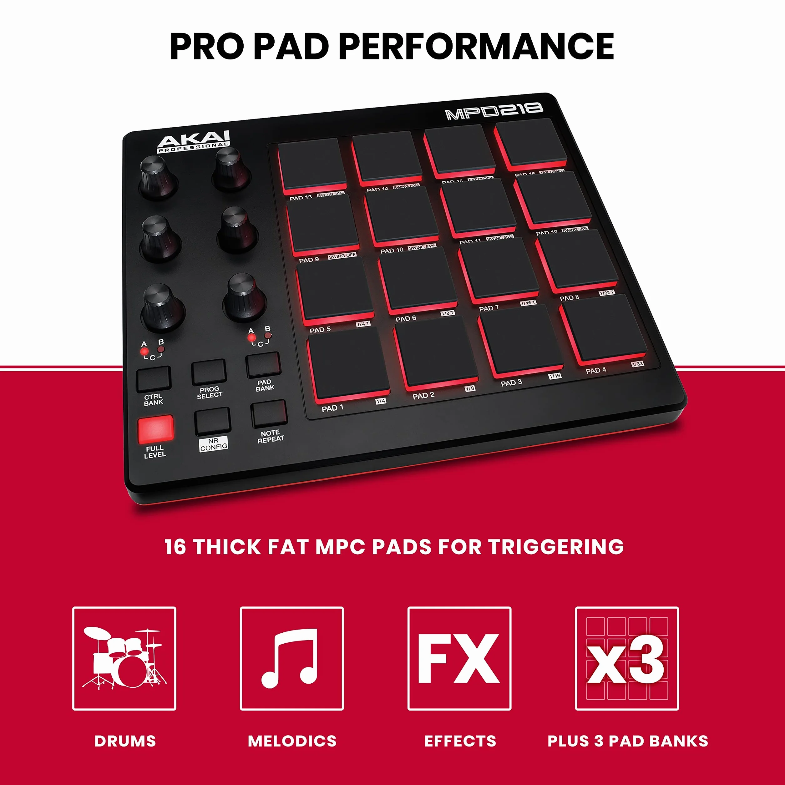 Akai Professional MPD218 - Controller MIDI Pad/Drum Pad Macchina/Beat Maker con 16 Pad, Controlli Assegnabili, Software di Produzione Incluso