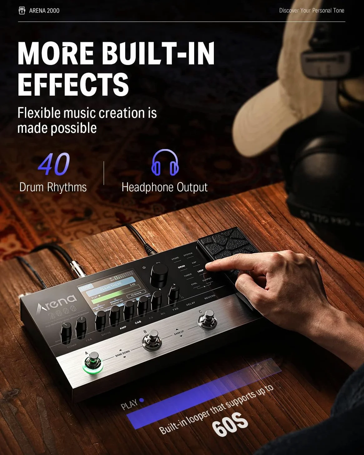 Donner Arena 2000 Pedale multieffetto, 278 Effects, 100 IRs, Looper, Drum Machine, Amp Modeling Guitar Pedal, Support XLR, MIDI IN
