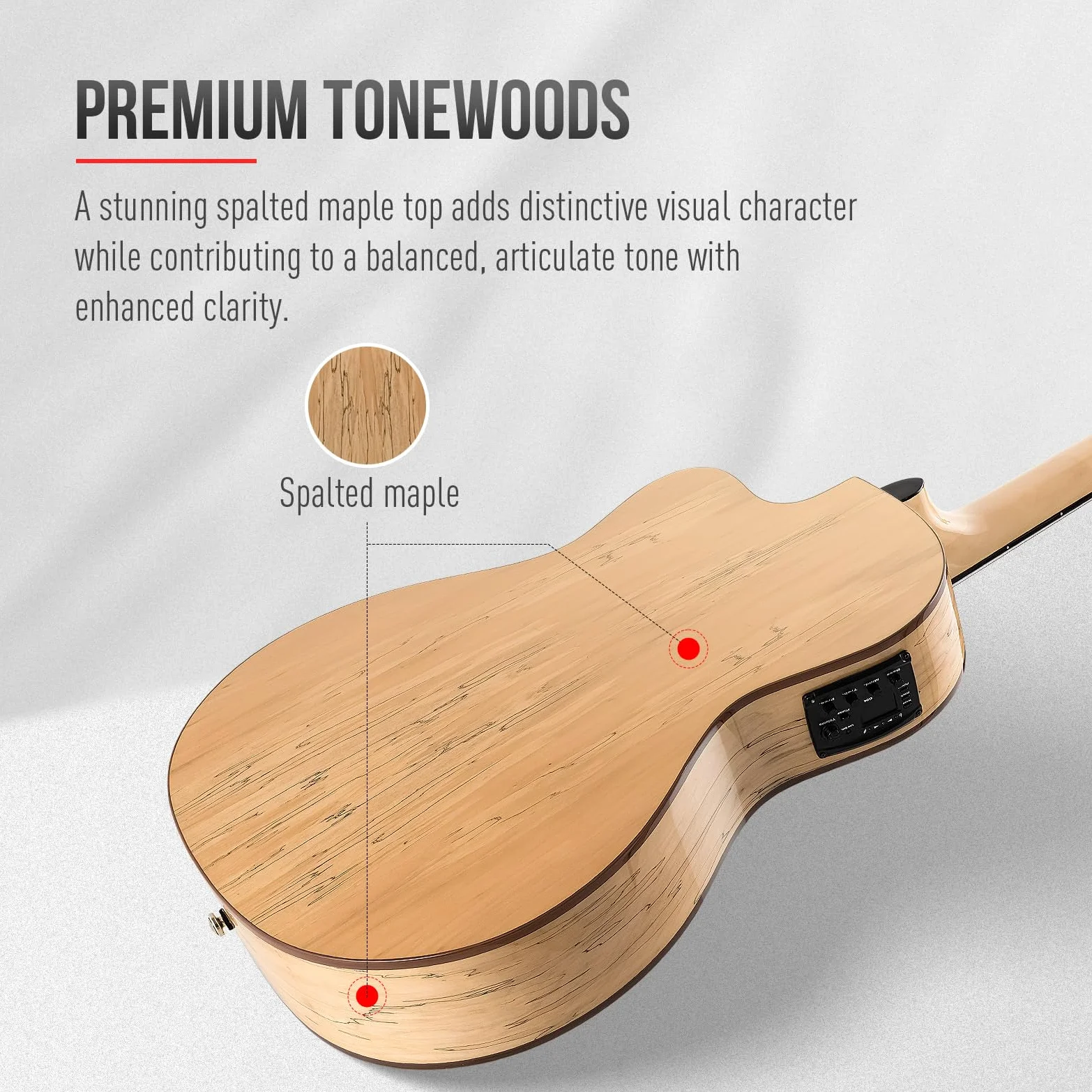 SONICAKE 39" Chitarra Acustica Elettrica Crossover | con Accordatore, Pickup e Preamp, Top in Abete Massello, Corpo in Acero Marmorizzato, EQ a 3 bande, Corde in Nylon QGT-30