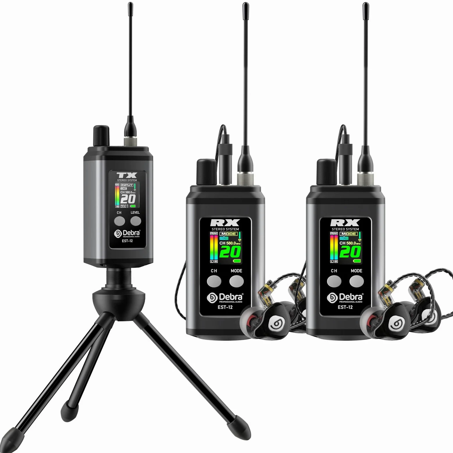 Debra EST-12 Sistema IEM UHF Professionale (1 Ricevitori), 20 Canali, 0ms Latenza, 80m Portata, Custodia Metallica per Studio e Palco (2 Pcs Nero)
