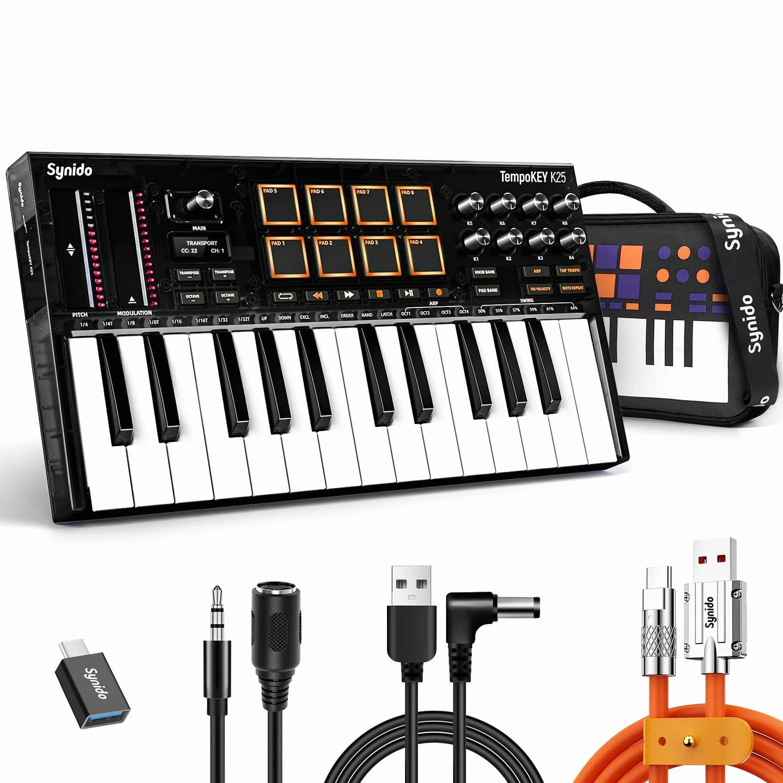 Synido Tempokey K25 Tastiera Controller Midi Usb-C 25 Tasti Più Larghi E Profondi Corsa Profonda E Dinamica Al Toque, 8 Pad Drum Rgb, Display Oled, Comandi Di Trasporto,Strip Tattile,Arpeggiator，Nero