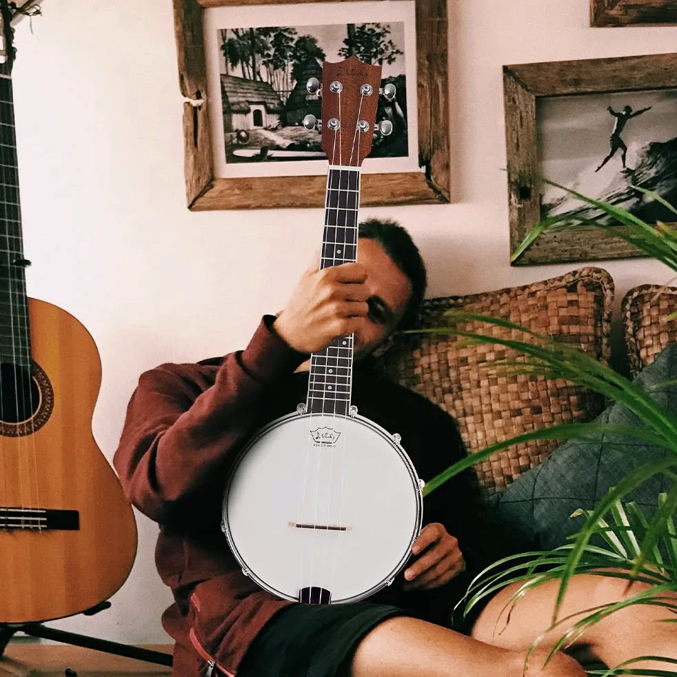 Mulucky Banjolele, 4 corde, Banjo-Ukulele, dimensioni da concerto, 58,9 cm, fondo in legno massello chiuso, set per principianti con supporto per il manico, borsa per concerti, accordatore, cordiera