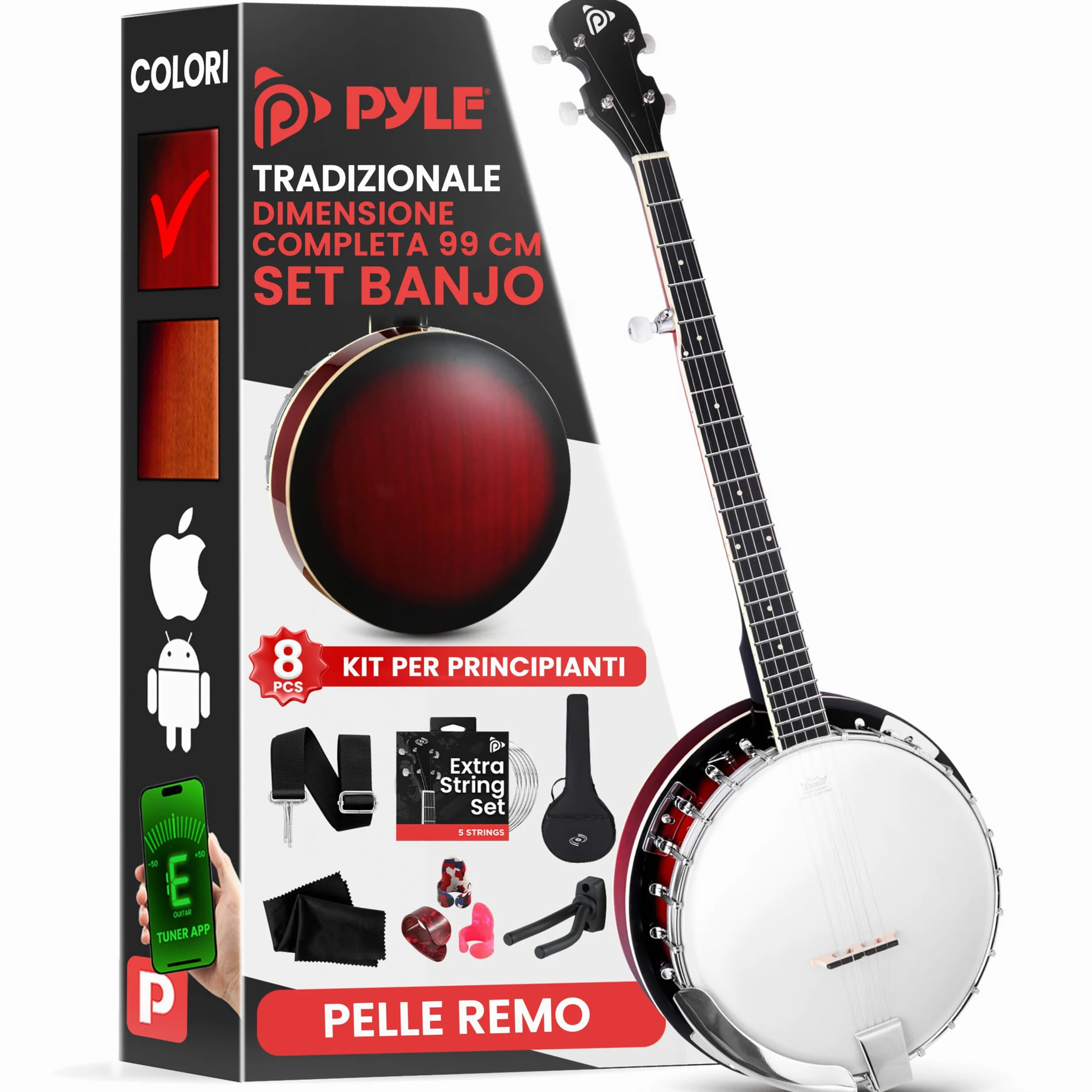 Pyle Kit Iniziale Banjo a 5 Corde con Risonatore, Staffa 24, Tamburo Remo, Retro in Legno Duro, Accordatore, Plettri, Tracolla e Borsa