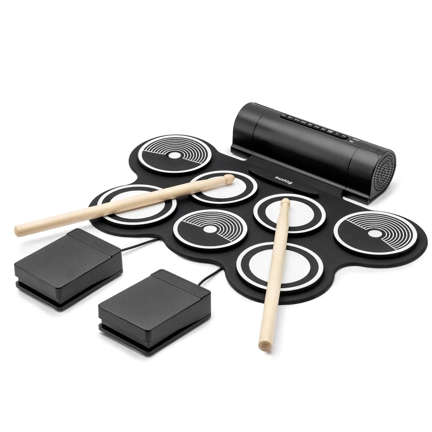 Batteria Elettronica Portatile per Bambini e Principianti, 7 Pad + 2 Pedali, 12 Ritmi Demo, 7 Suoni, Funzione Registrazione, Ingresso MP3, Uscita Cuffie e Altoparlanti
