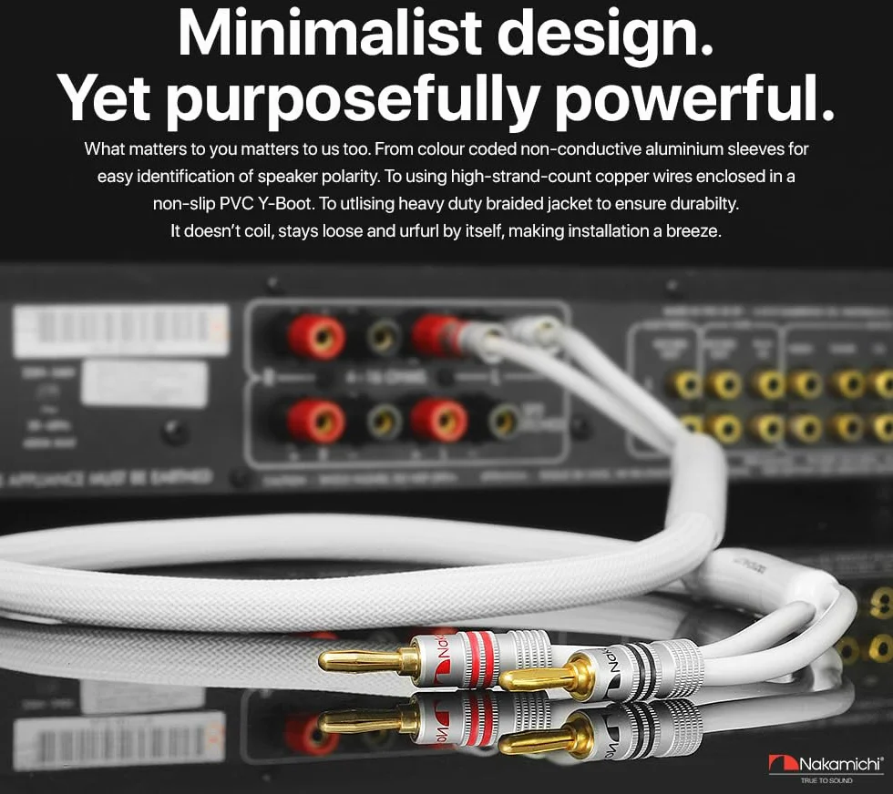 Nakamichi Excel Series Connettore Banana Placcato Oro 24k con Cavo degli Altoparlanti in Rame Senza Ossigeno al 99.9% (OFC) Intrecciato Robusto per Amplificatore Hi-Fi - Bianco (12AWG / 6ft / 1.8m)