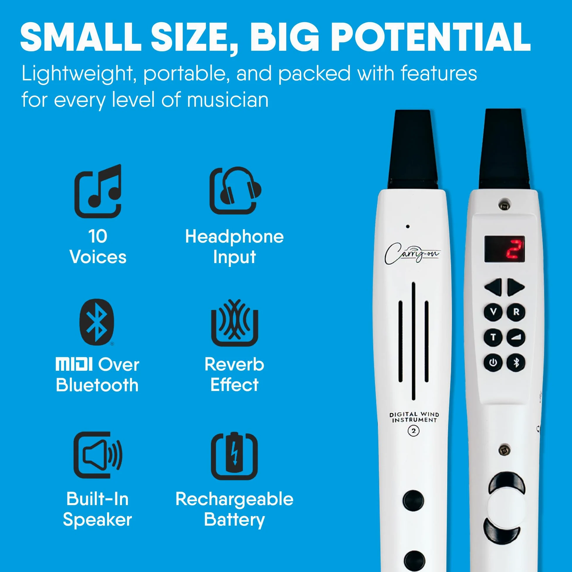 Carry-on Strumento a fiato digitale 2-10 voci, batteria ricaricabile USB integrata, uscita cuffie per pratica silenziosa, registratore digitale Midi Over Bluetooth bianco