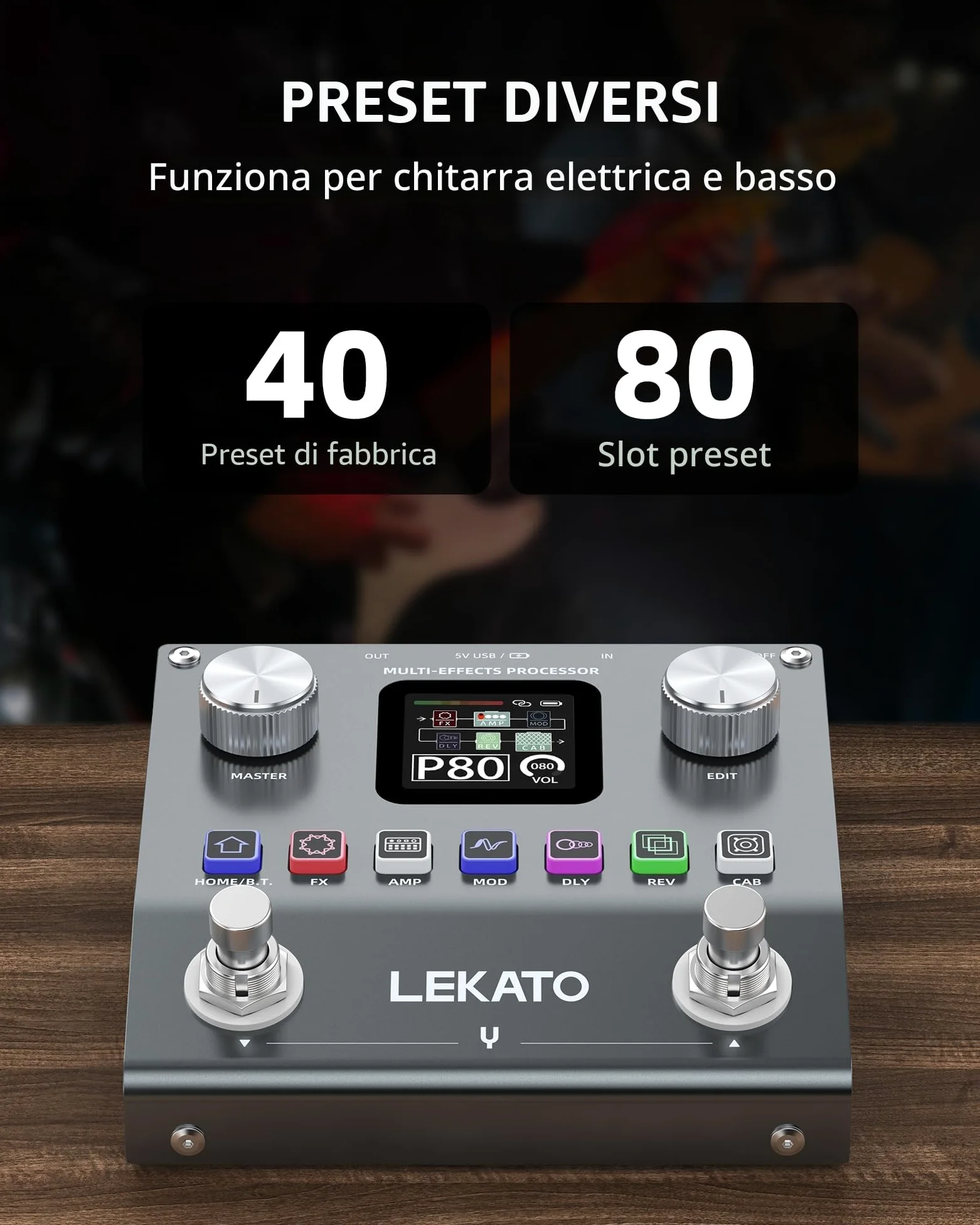 LEKATO Pedale Multi-Effetti per Chitarra, Processore di Effetti per Basso Ricaricabile con 6 Moduli Effetti, 80 Preset Editabili, Modifica APP, Caricamento IR, Registrazione OTG, Funzione BT