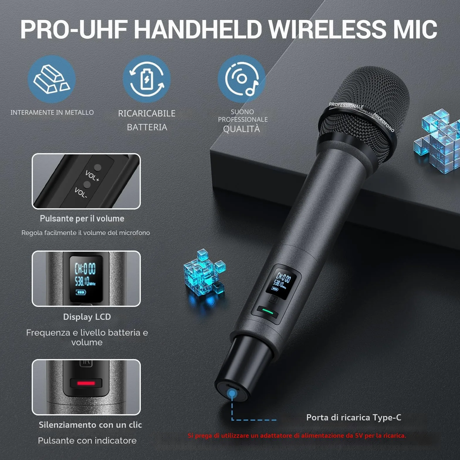 TONOR Sistema Microfono Wireless, Microfono Ricaricabile Professionale, Microfono Dinamico Cordless in Metallo 2x100 UHF per Karaoke, Chiesa, Canto, Matrimonio, Riunione, DJ, Auto Scan, 80 M,TW550