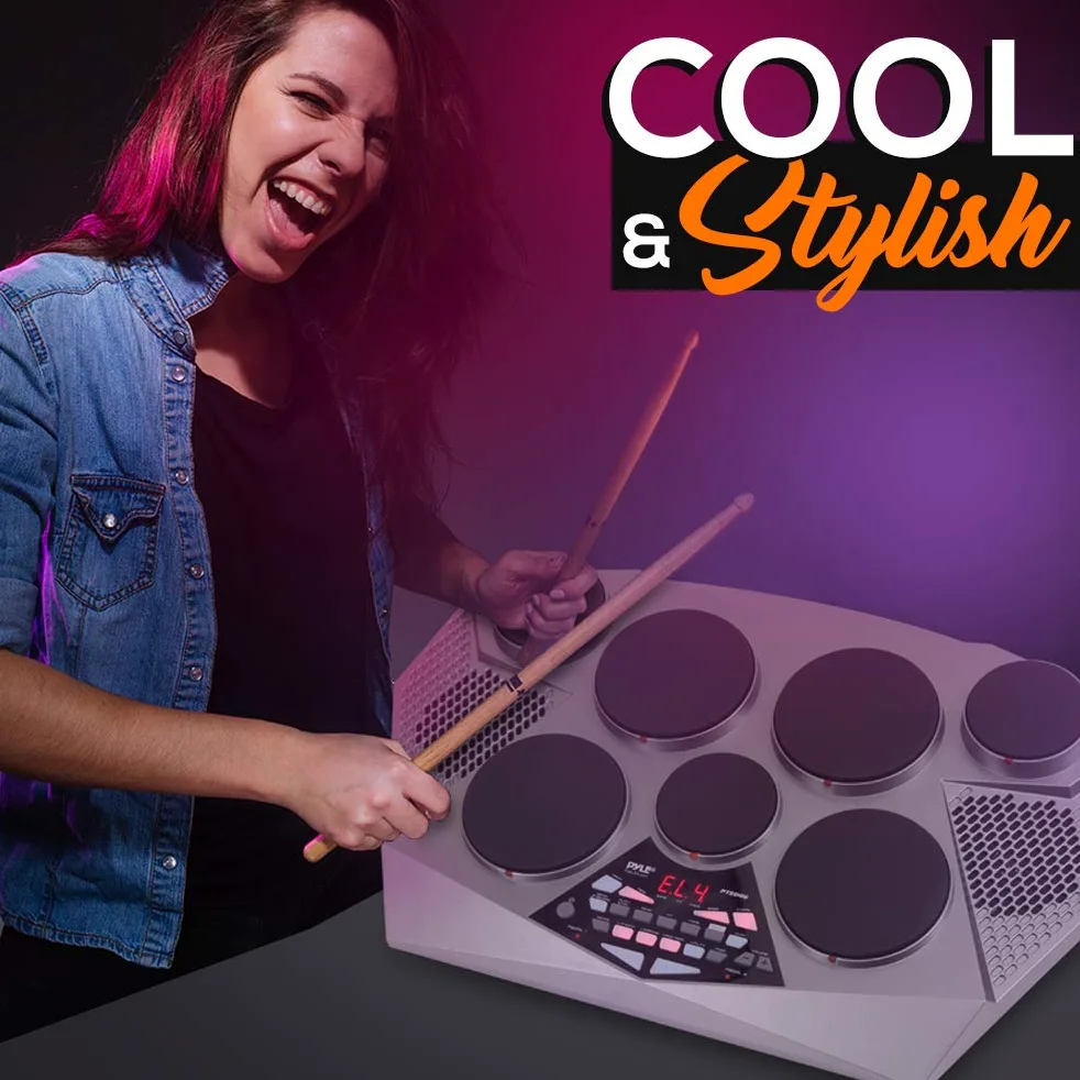 Pyle Pro Electronic Drum Kit - Batteria elettrica portatile da tavolo con pannello digitale, 7 pad per batteria, controller per pedale Hi-Hat/Kick Bass USB AUX - Tom-Toms, Hi-Hat, rullante, piatti
