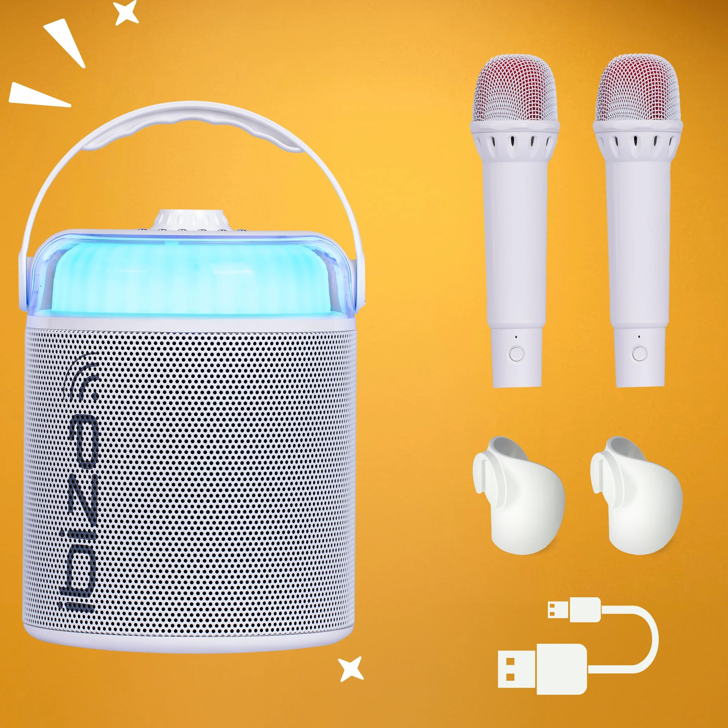 Ibiza - KARAHOME-WH - Altoparlante KARAOKE a batteria con due microfoni wireless (a batteria) - Bluetooth, USB, MicroSD, USB, AUX e COAX - Bianco