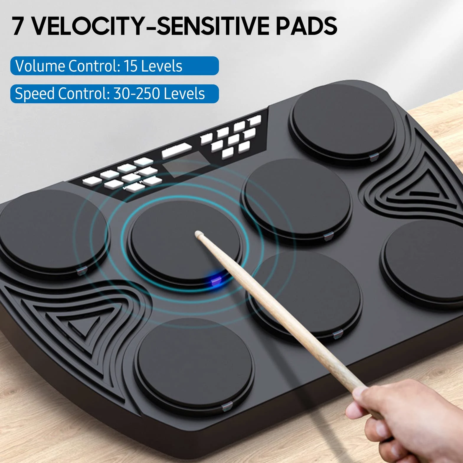 Batteria elettronica portatile, tamburo da tavolo con 7 pad sensibili alla velocità, supporto per pad batteria ricaricabile integrato, ingresso audio per registrazione, per bambini e principianti