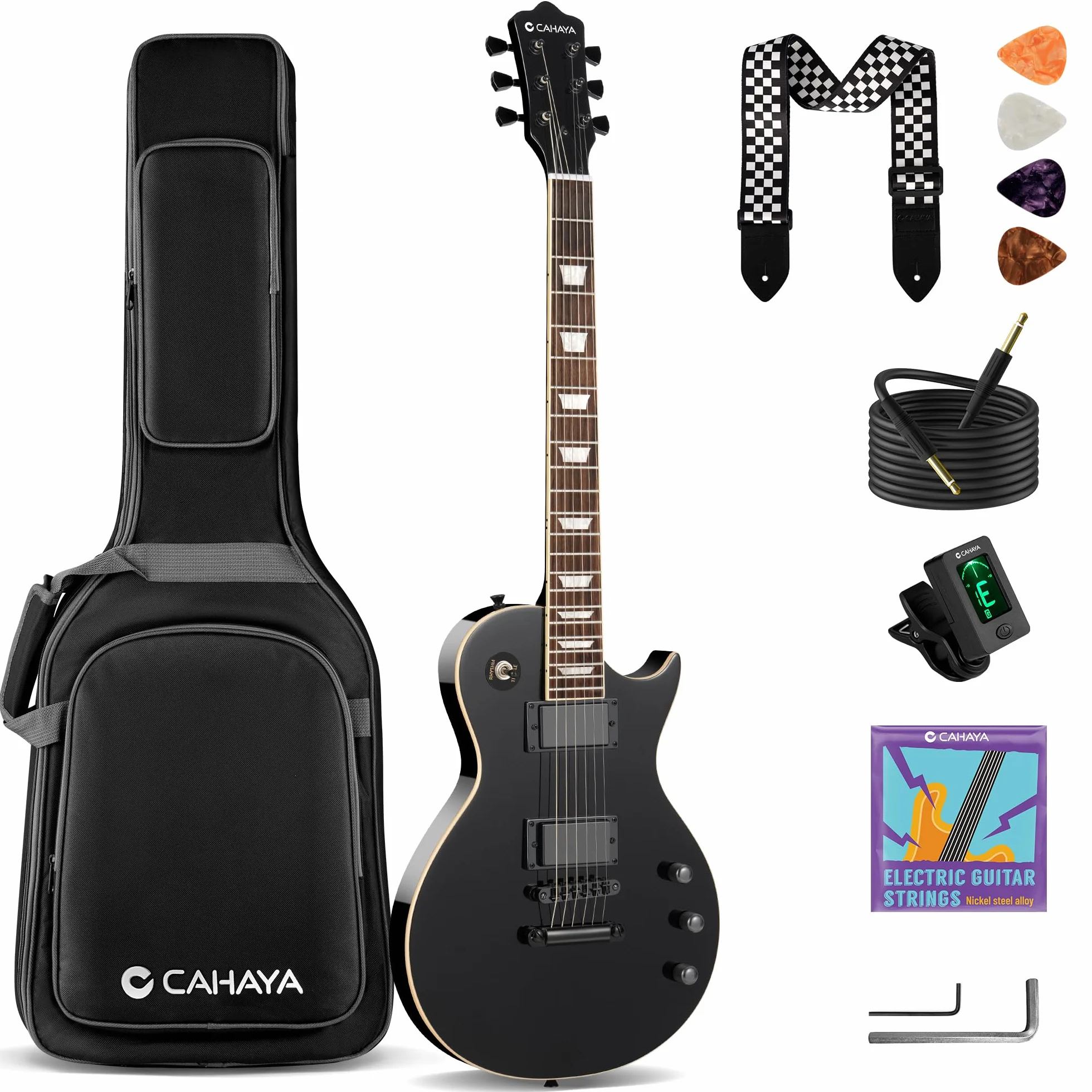 CAHAYA LP Kit Chitarra Elettrica: Chitarra 39" Full Size per Principianti con Corpo in Okoume Massiccio, 2 Pickup Humbucker, Manico in Acero, Borsa, Tracolla, Cavo per Adulti e Ragazzi - Nero