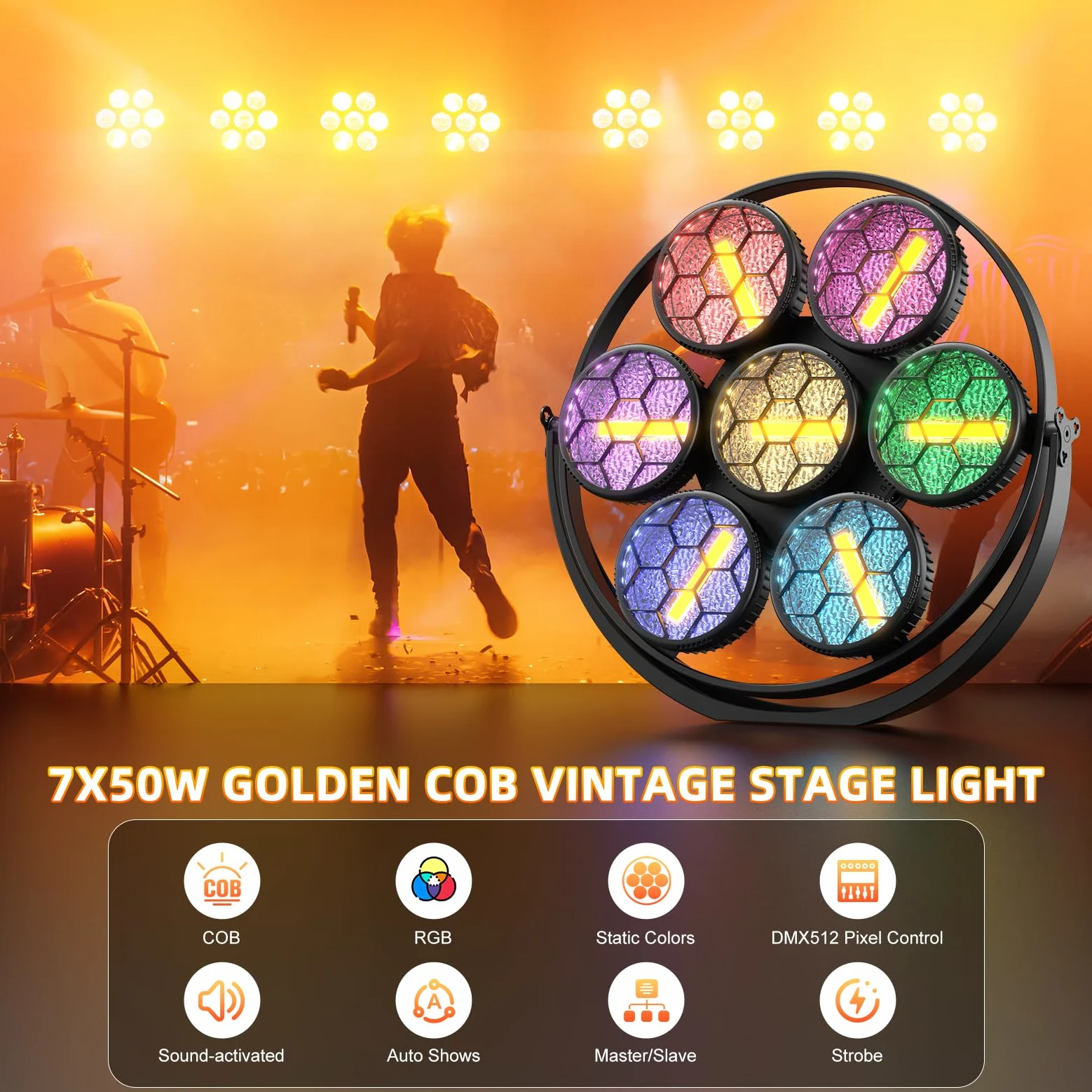 350W Par LED Scenico Lineare Vintage,7 LEDs COB Luce Calda + 189 LEDs RGB,Proiettore Luci da Palco Controllo DMX512,Illuminazione Discoteca per Feste Bar DJ Matrimonio Concerti Halloween Natale,2PCS