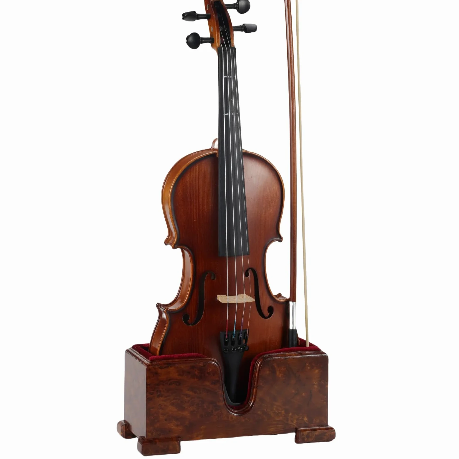 Supporto per violino e archetto (supporto), supporto per violino in legno con protezione in velluto, estetica stabile ed elegante (legno di radica + velluto rosso)