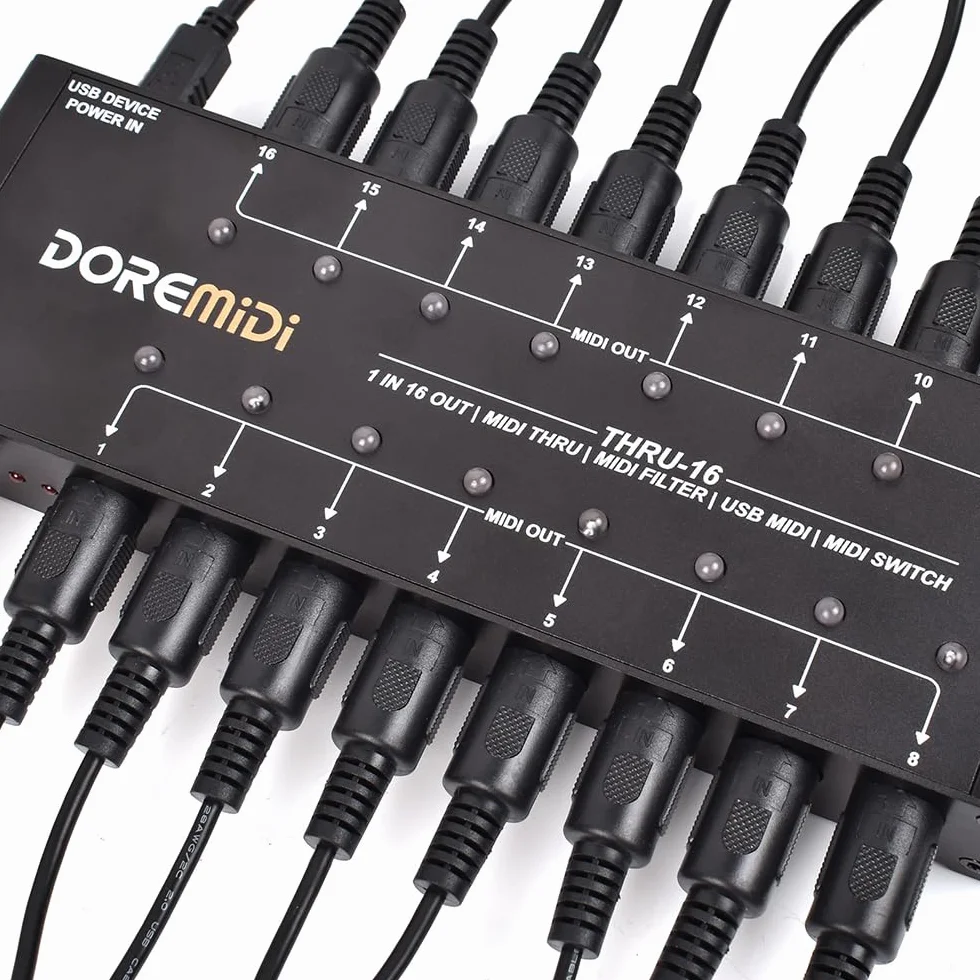 MIDI THRU-16 Box Filter &Switch 1 MIDI input in 16 uscite MIDI e ogni uscita MIDI può modificare filtri MIDI (THRU-16)