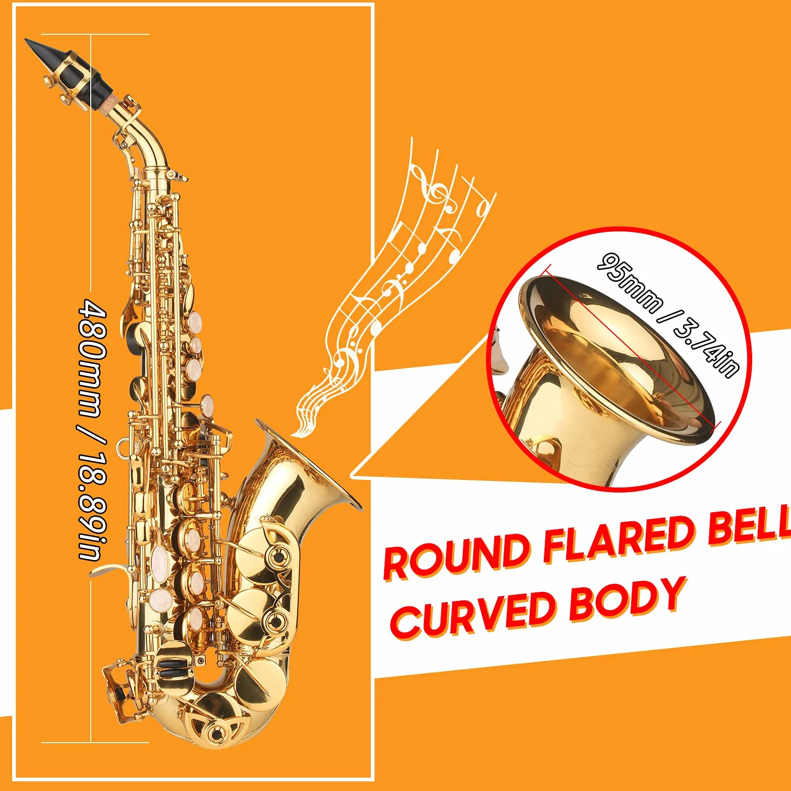 Sassofono Soprano in SIB Lacca Dorata Sax in Ottone con Custodia per Strumento Bocchino Tracolla per Panno Spazzola per Pulizia per Musicisti Principianti