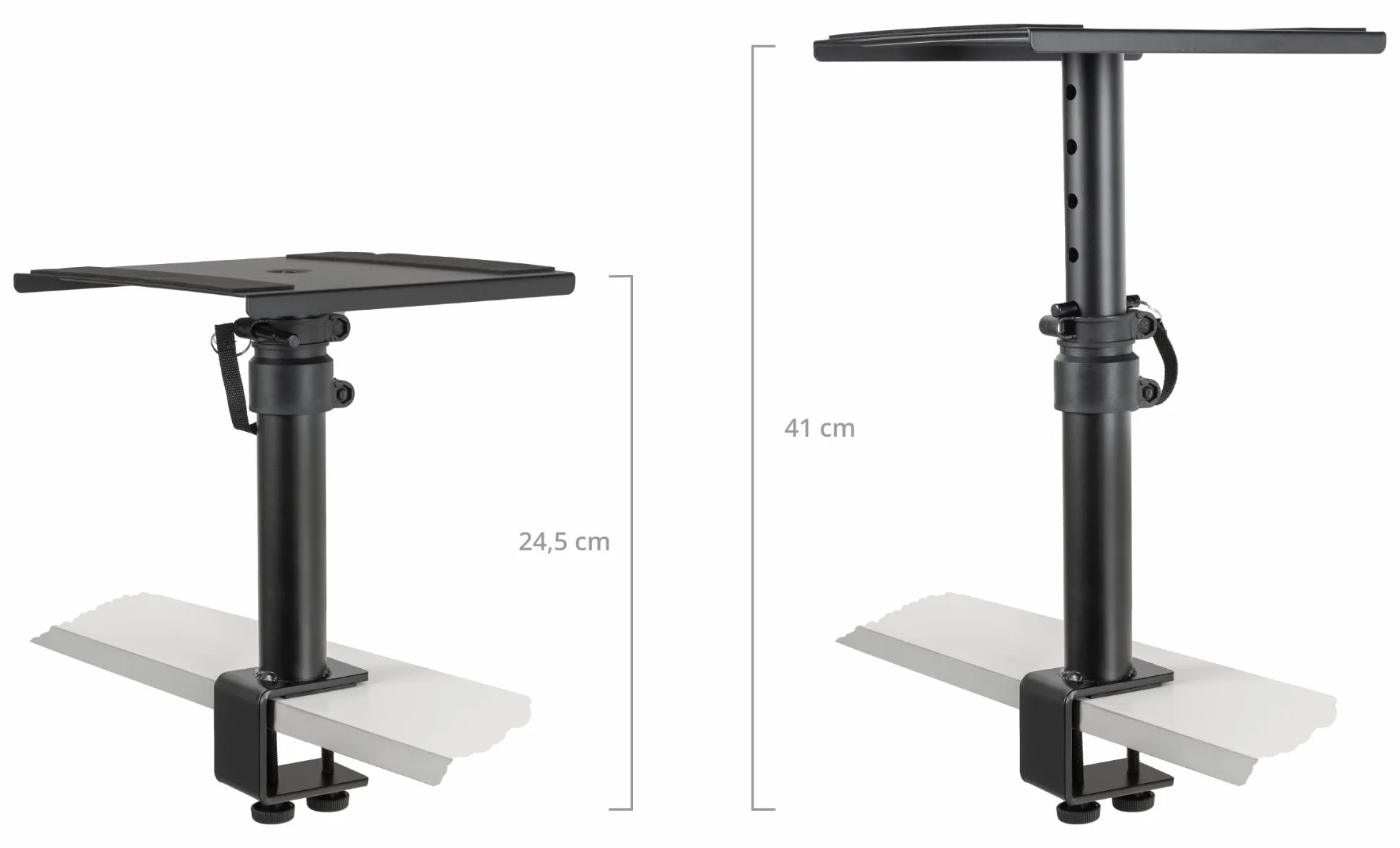 Pronomic SLS-36K BK Coppia di Supporti da Tavolo con Morsetto per Monitor da Studio - Molto Salvaspazio - Regolabile in Altezza da 24,5 cm a 41,5 cm - Piano con Fascia a Strappo - Nero