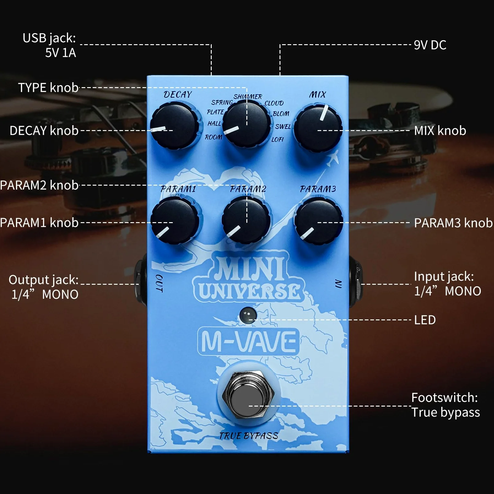 M-VAVE Pedale Chitarra Riverbero Innovazione Suono Unico 9 Effetti Riverbero Universo Pedali Pure Digital, M008_PD38_UNIVERSE_BLUE
