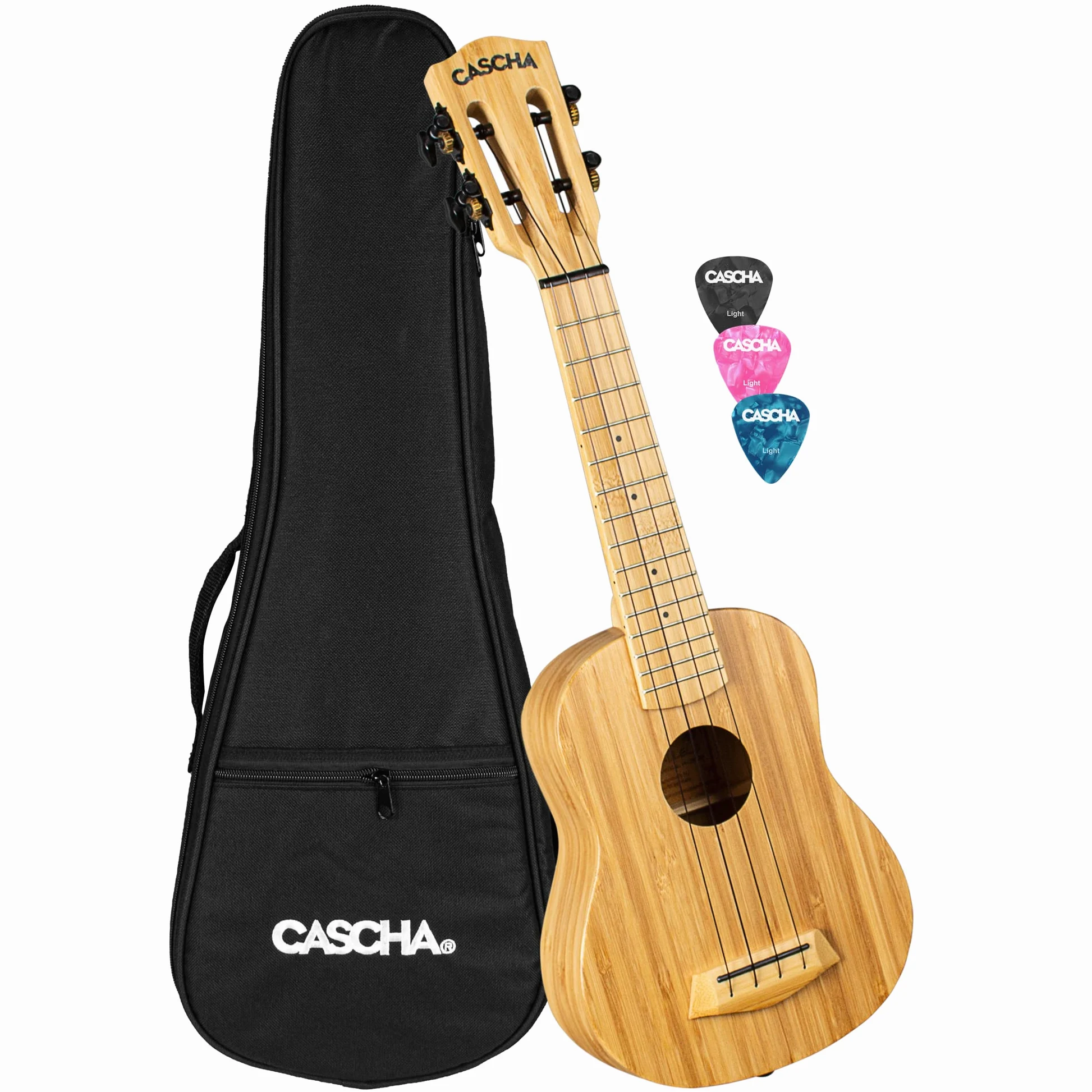 Cascha Ukulele soprano bambù naturale per adulti e bambini, con 3 plettri e custodia imbottita, ukulele in bambù per principianti o esperti, corde in carbonio di alta qualità