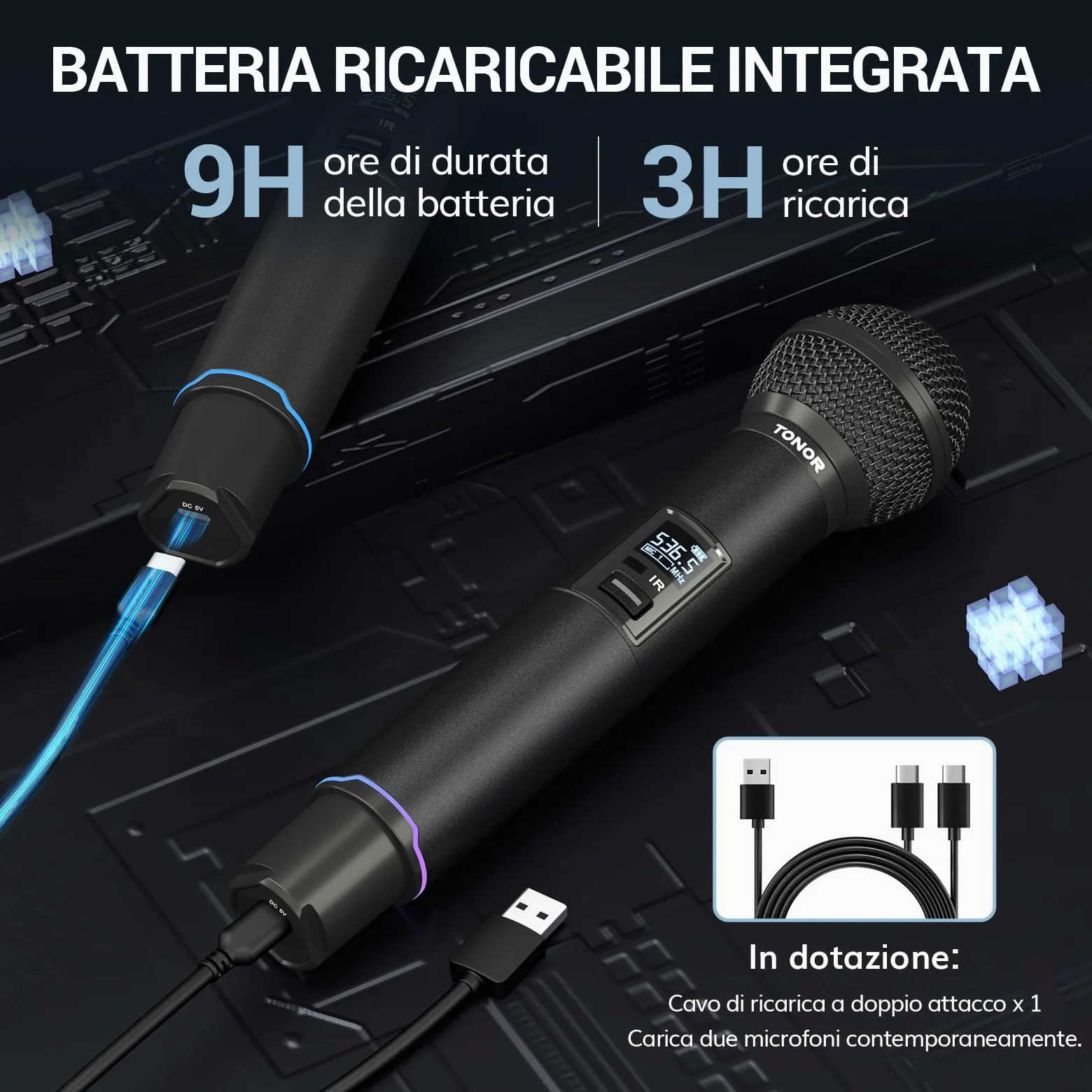 TONOR sistema microfono wireless, microfono ricaricabile professionale, microfono dinamico cordless in metallo 2x100 UHF per karaoke, chiesa, canto, matrimonio, riunione, DJ, Auto Scan, 100M, TW750