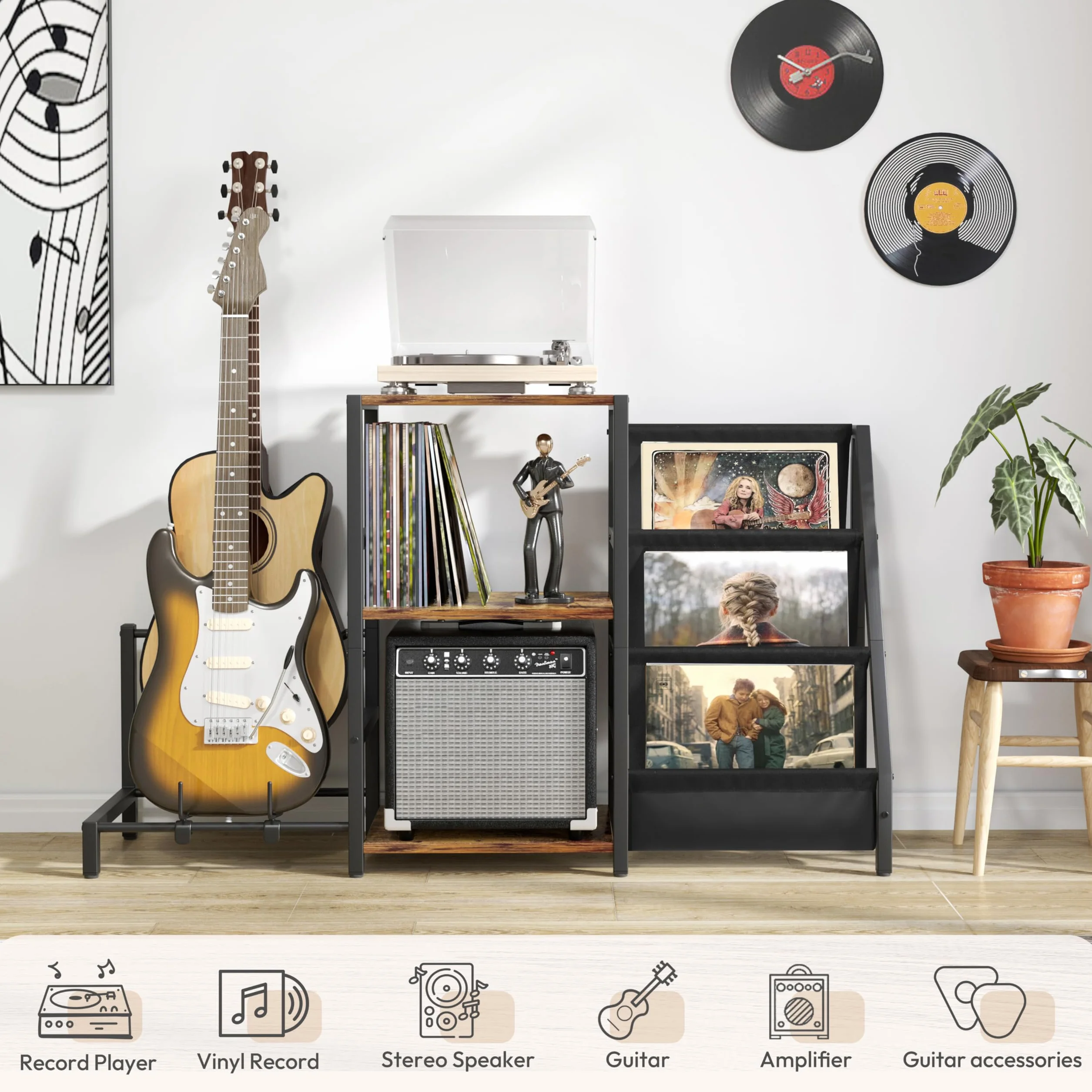 Bikoney Supporto Giradischi Vinili, Supporto Chitarra per Acustica, Elettrica e Basso con Supporto Amplificatore, Supporto Giradischi a 3 Livelli Fino a 200 Album, Tavolo Giradischi per Altoparlante