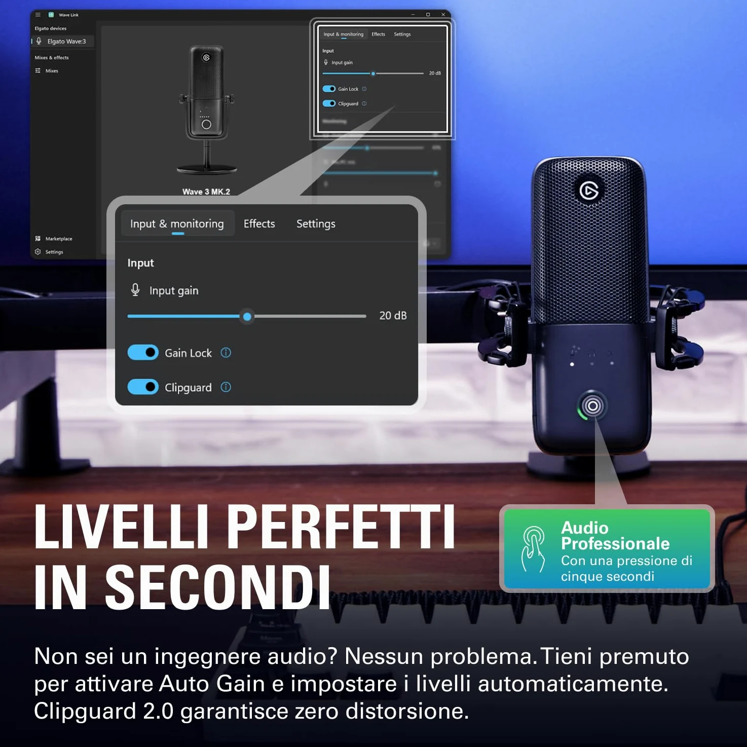 Elgato Wave:3 MK.2 – Microfono a condensatore USB premium per streaming e podcasting con Wave FX Processor, DSP integrato, Clipguard 2.0 e VST inserts – Funziona su PC e Mac