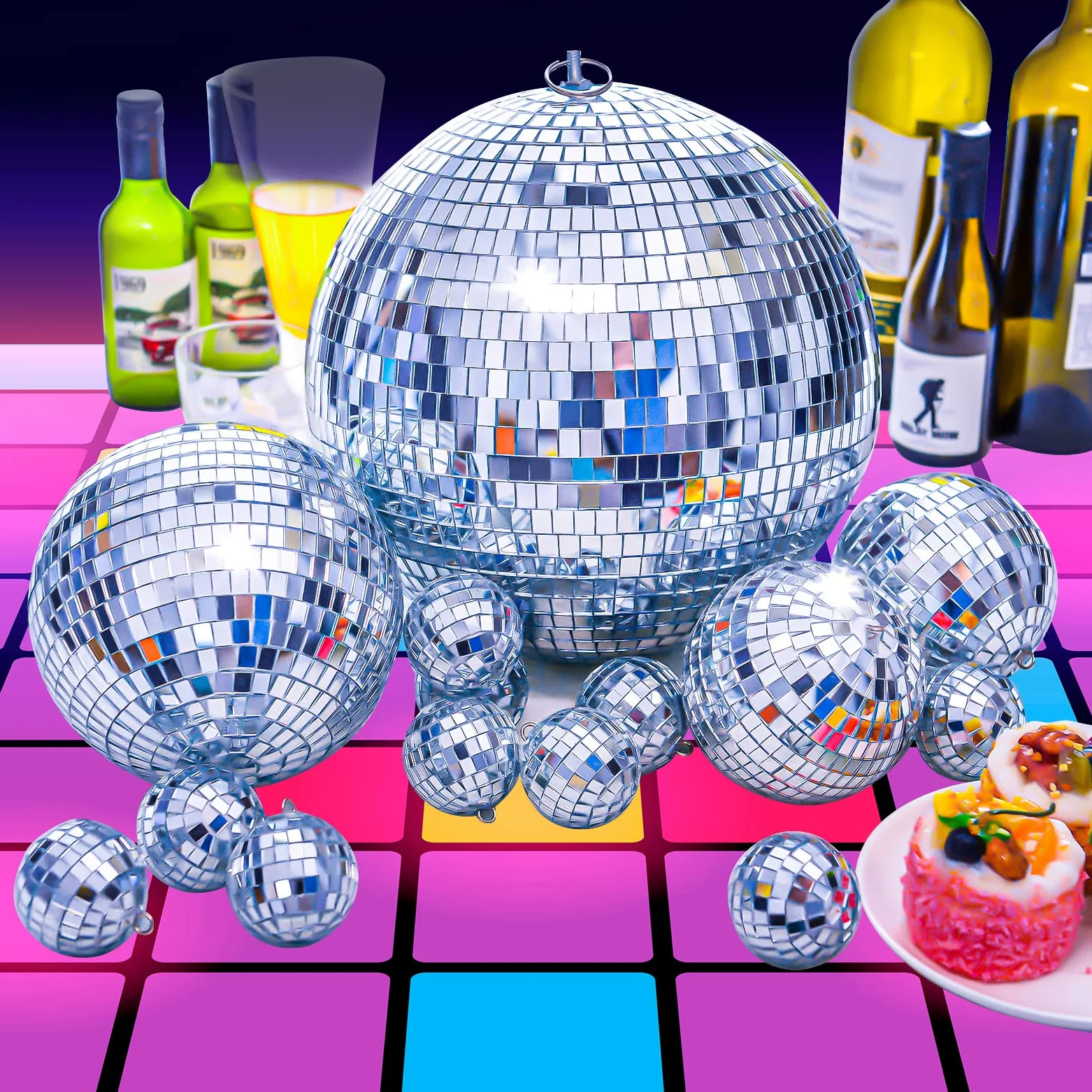 4 palline da discoteca grandi, da appendere, in argento, a specchio, ornamento per palcoscenico, club, balli di scena anni '70, matrimoni, danza, musica, compleanno (20, 15, 10 cm)