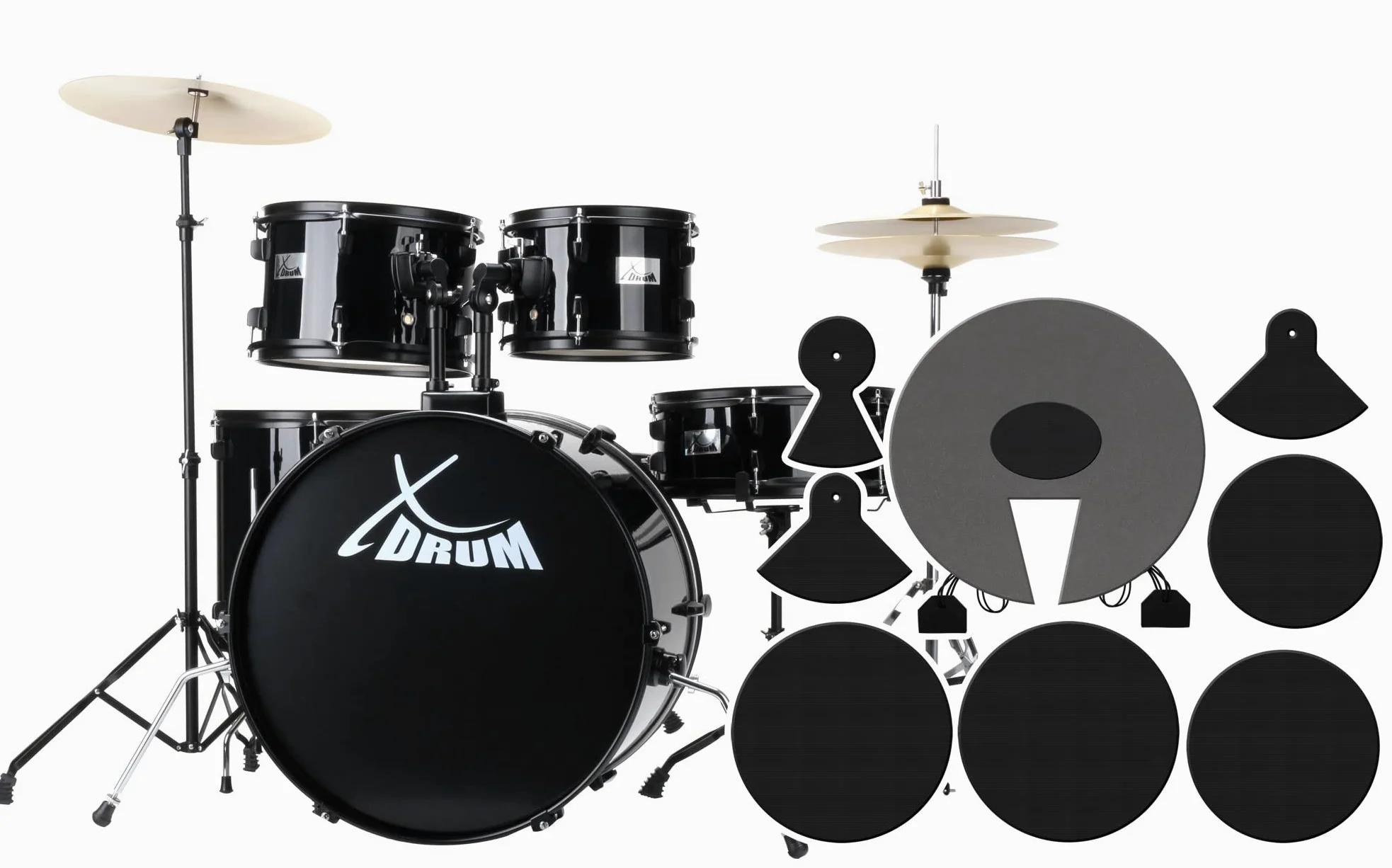 XDrum Rookie Batteria Fusion 22" Nera più Set Damping, 14" TT, 14" SD | Fusti in pioppo acusticamente pregiato con pellicola speciale, Hardware nera a 5 pezzi, doppio supporto, 14" TT, 14" SD