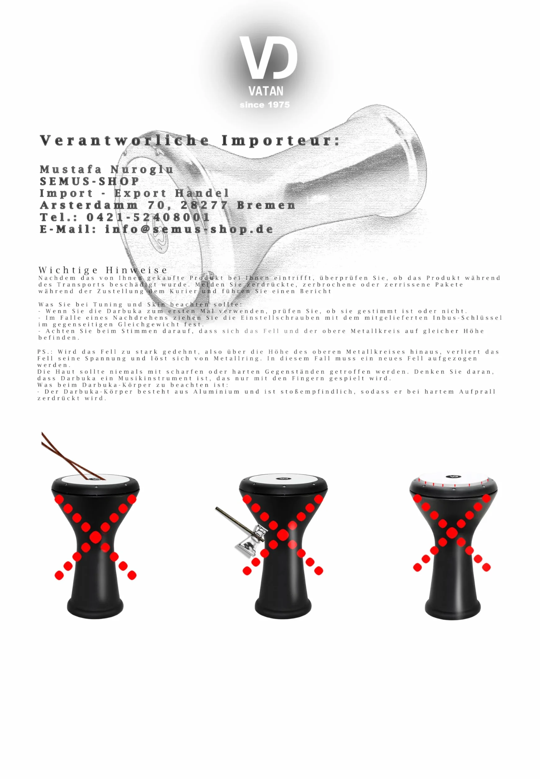 BASS Darbuka - Tamburo orientale professionale con rivestimento in pelle, accessori inclusi
