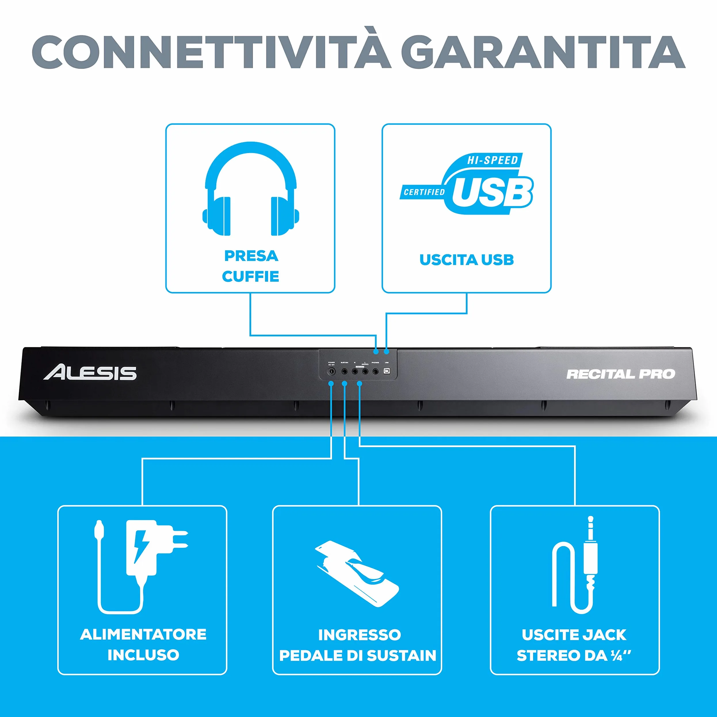 Alesis Recital Pro + SRP100 - Pianoforte Digitale 88 Tasti Pesati, Pianola con Casse Integrate e Lezioni Online + Cuffie da Studio Monitor Professionali