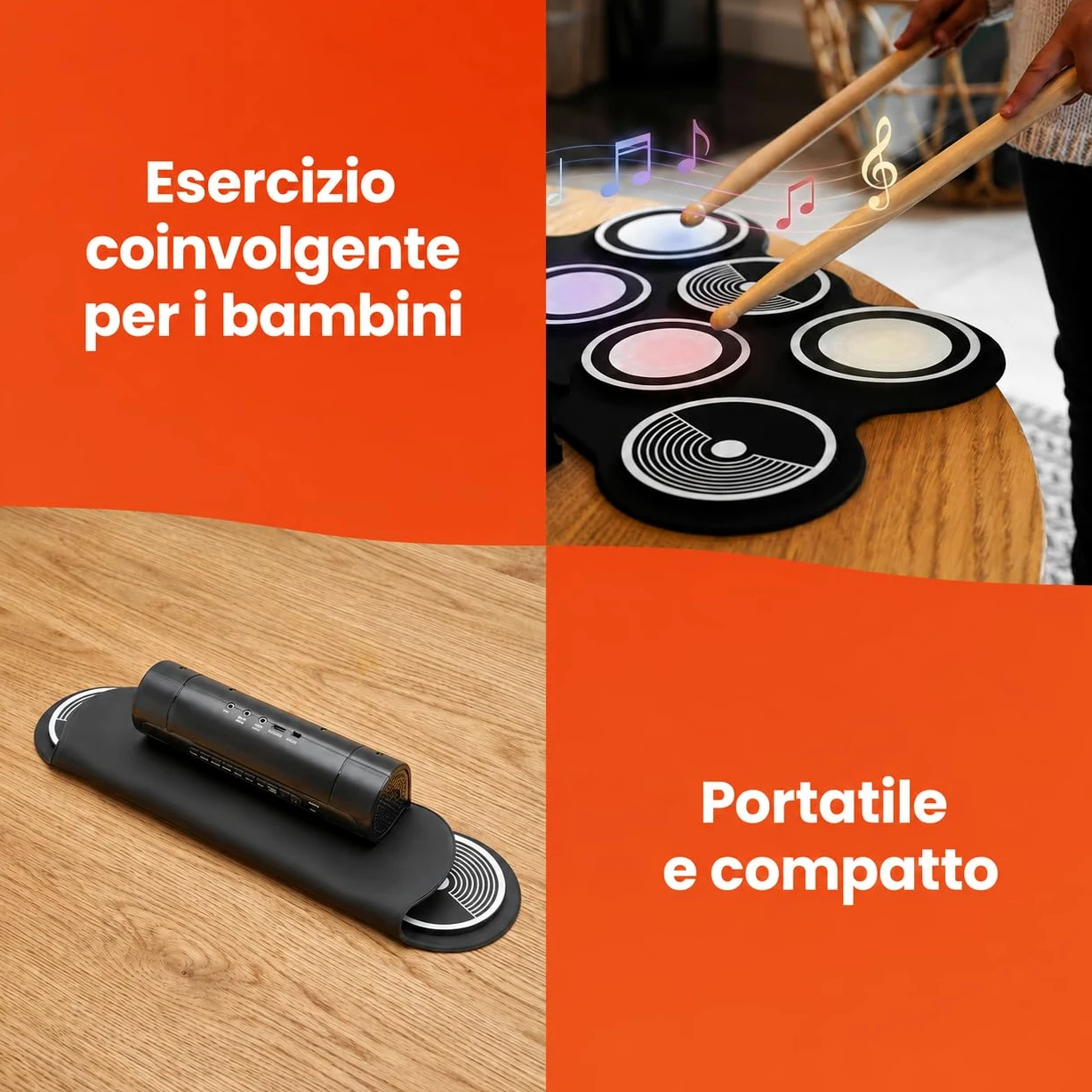Batteria Elettronica Portatile per Bambini e Principianti, 7 Pad + 2 Pedali, 12 Ritmi Demo, 7 Suoni, Funzione Registrazione, Ingresso MP3, Uscita Cuffie e Altoparlanti