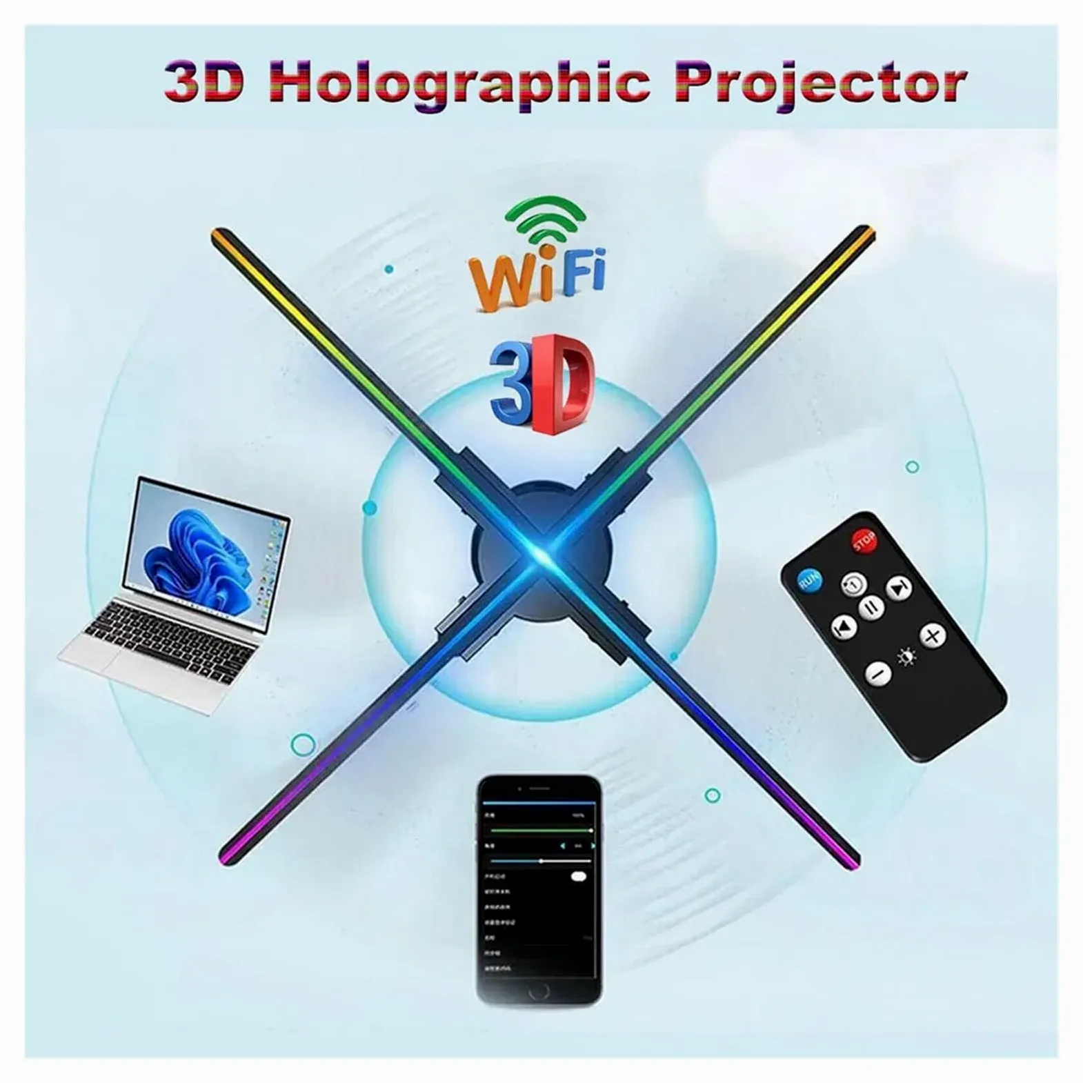 45/52/56/60/65cm 3D olografico Fan, proiettore olografico Multifunzionale Macchina pubblicitaria proiettore Ventilatore Schermo Video Facile da Cambiare(60CM)