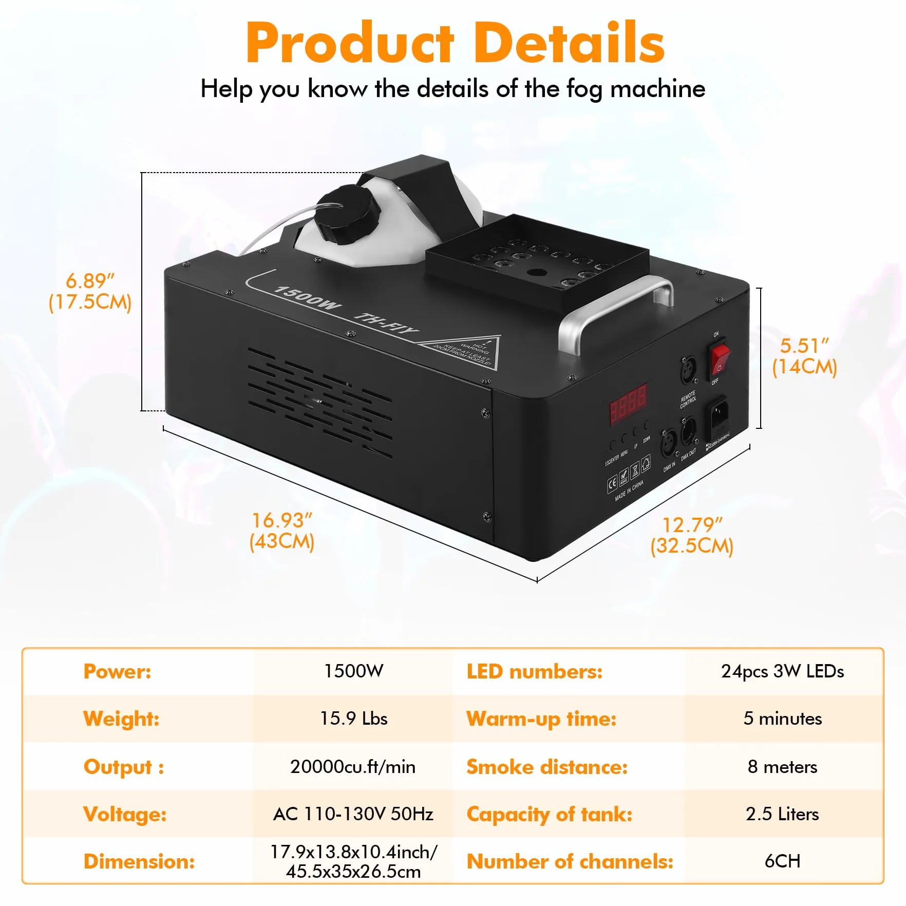 Ridgeyard Macchina per il fumo da 1500 W con telecomando wireless e luce a LED con 16 colori, adatta per DJ discoteca party, Halloween, Natale, feste di nozze e spettacoli sul palcoscenico, ecc