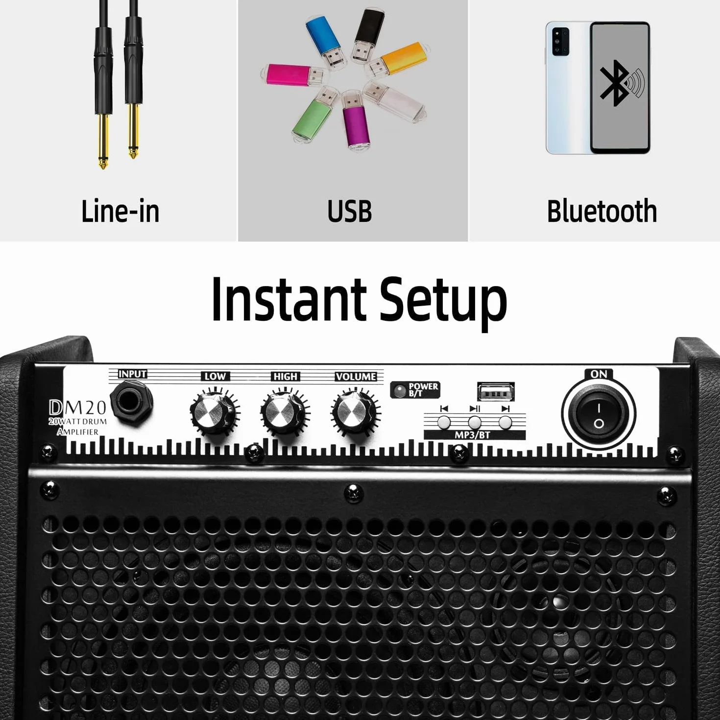 Coolmusic DM20 20W Amplificatore per monitor personale Bluetooth Amplificatore per batteria elettrica Altoparlante, tastiera e altoparlante per chitarra acustica (20W con cavo)