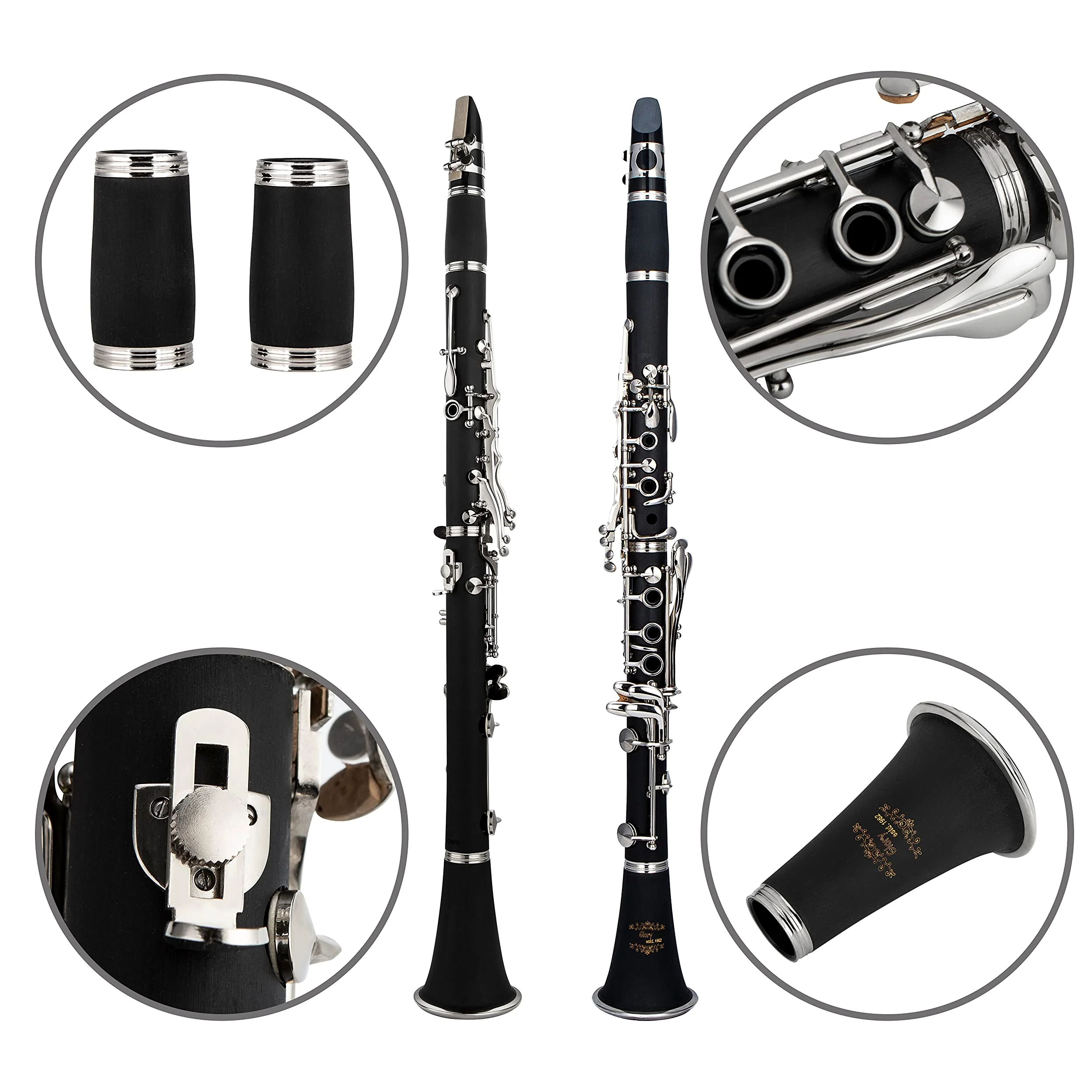 Glory GLY-PBK - Clarinetto professionale in ebanite con 10 ance, supporto, custodia rigida, panno per la pulizia, spazzola per bocchino e spazzola per cuscinetto, nero