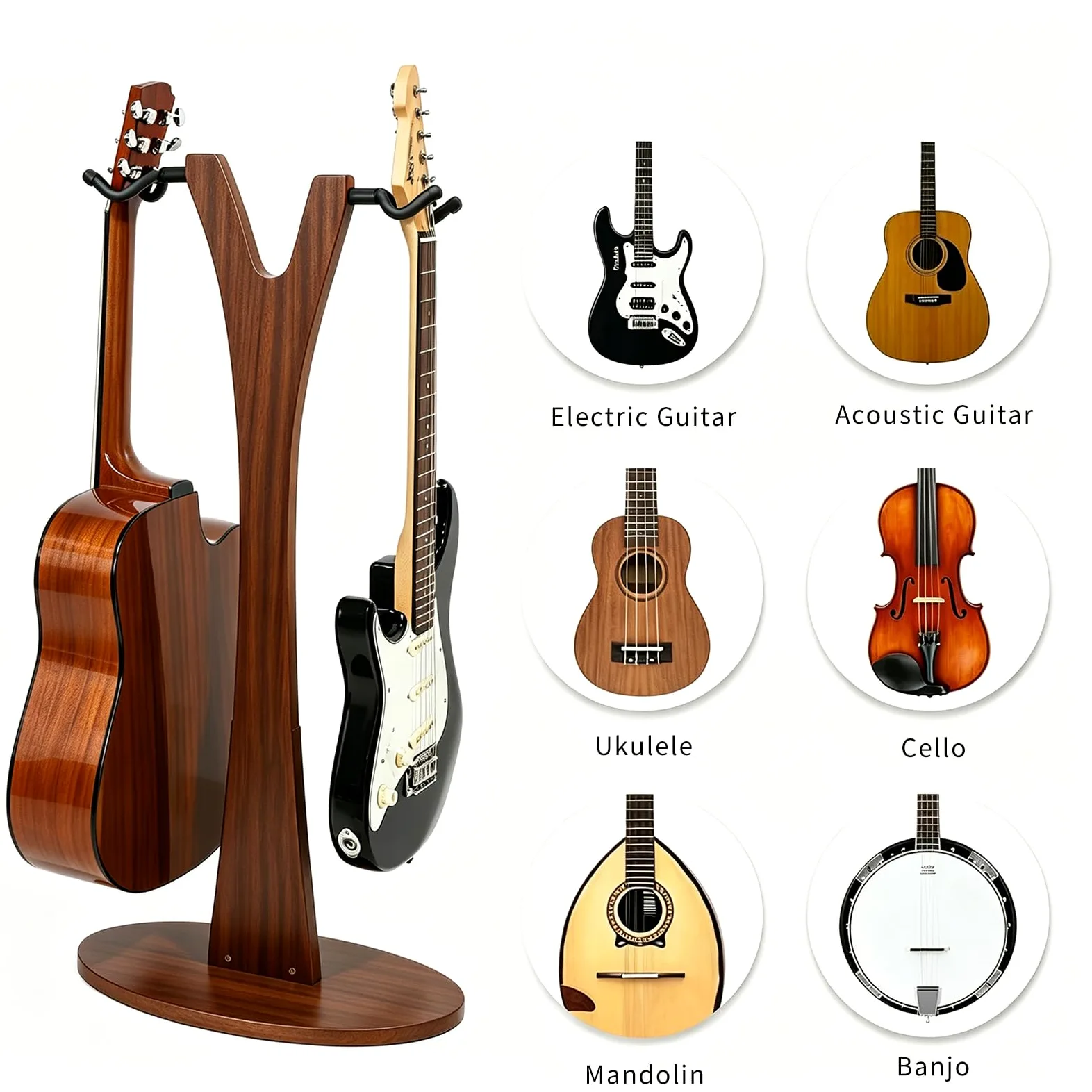 PUNK Doppio supporto per chitarra da pavimento, 2 supporti regolabili per chitarra, 2 supporti per chitarra acustica, elettrica, basso, supporto in legno per chitarre multiple, facile da montare (noce