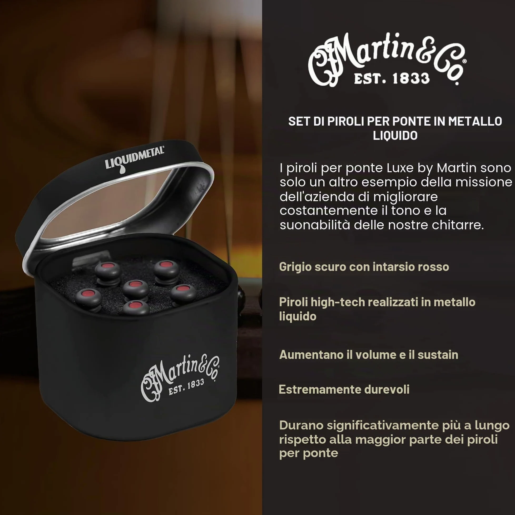 LUXE BY MARTIN Pins per Ponte Chitarra Acustica – Emery Turco con Intarsio Rosso | Costruzione in Liquidmetal per Maggiore Volume e Sustain | Set da 6